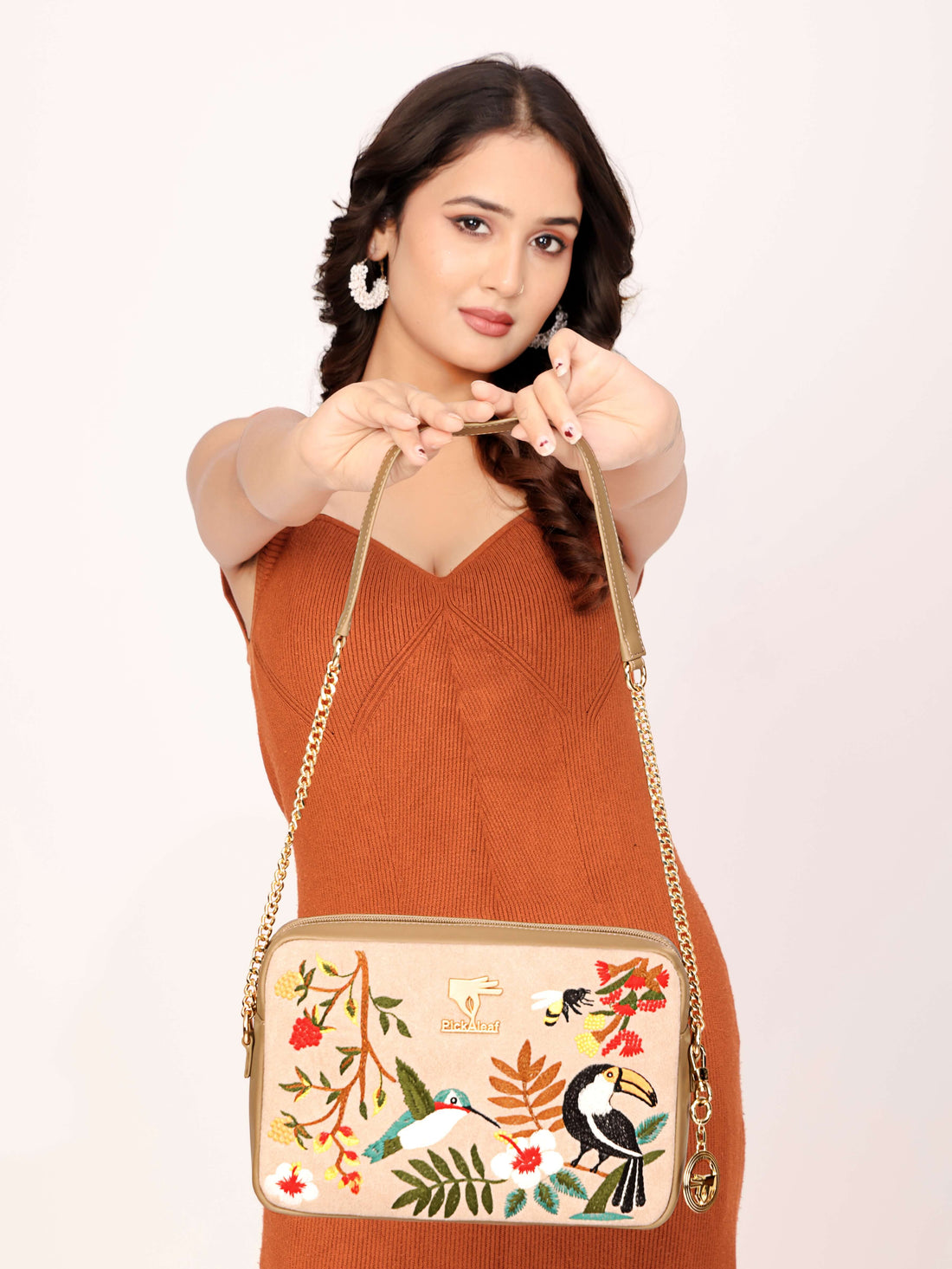 Beige designer embroidered crossbody bag for women in vegan leather by PickAleaf for daily use, travel and outings