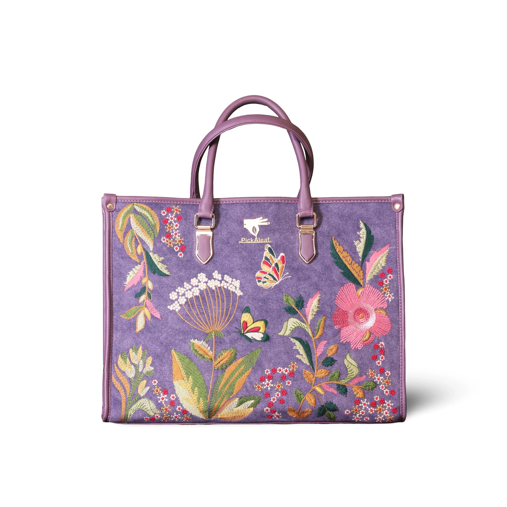 Purple embroidered tote bag for women in cruelty free vegan leather by PickAleaf with large space, organized compartments for daily use