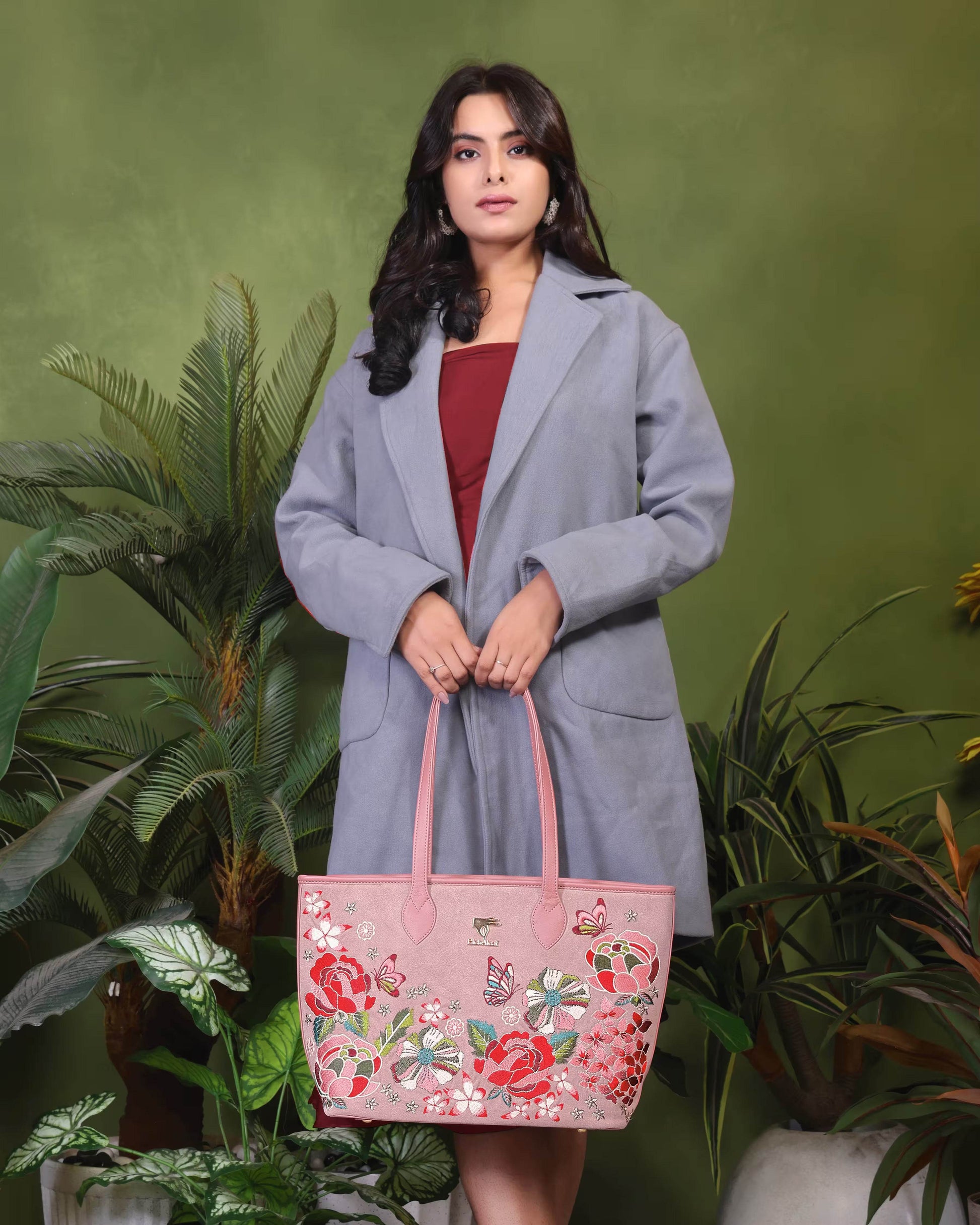Pink embroidered vacation tote bag for women in vegan leather by PickAleaf for travel, shopping and daily use