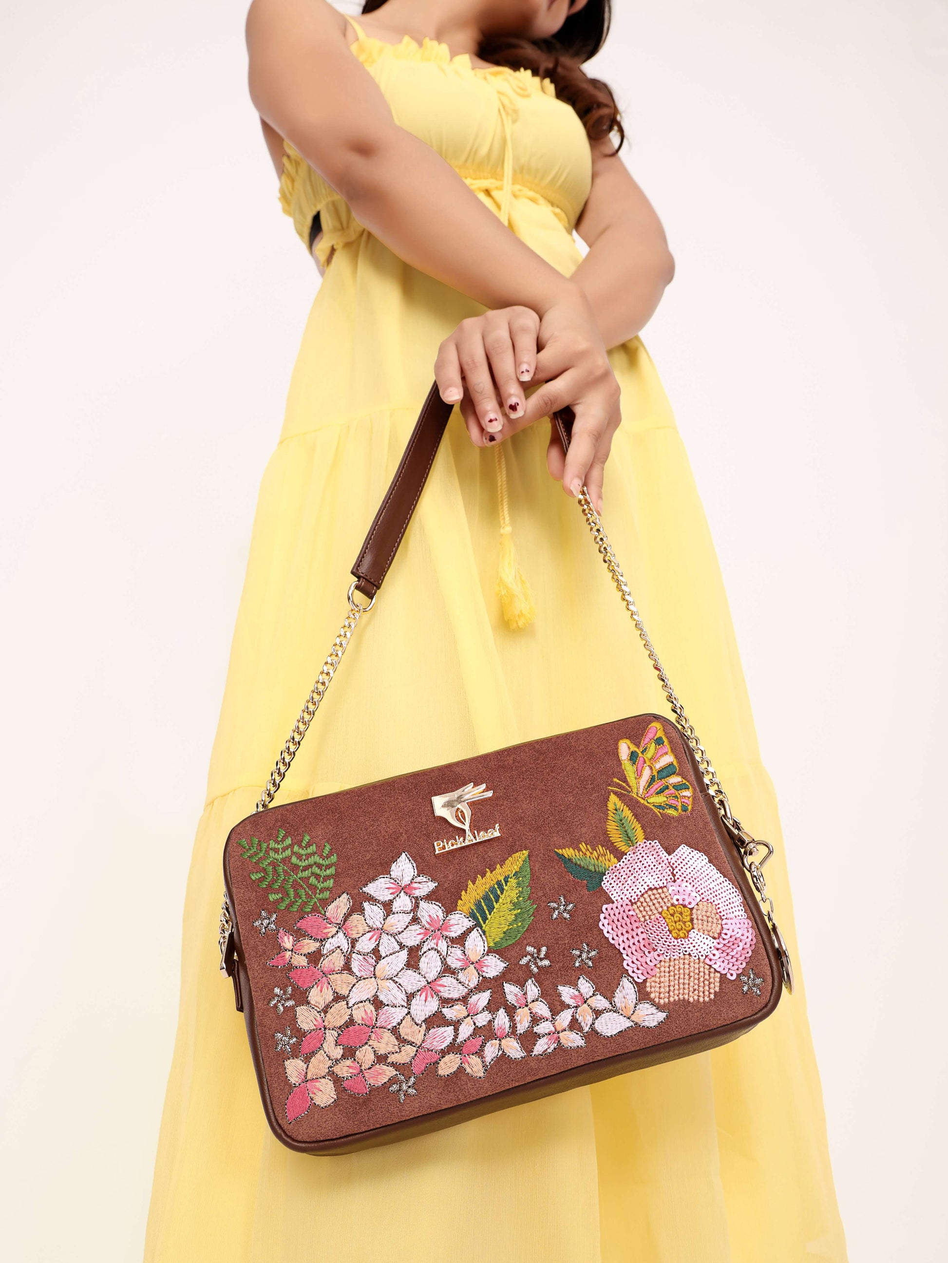 Brown embroidered floral crossbody bag for women in vegan leather by PickAleaf for daily use, travel and casual outings