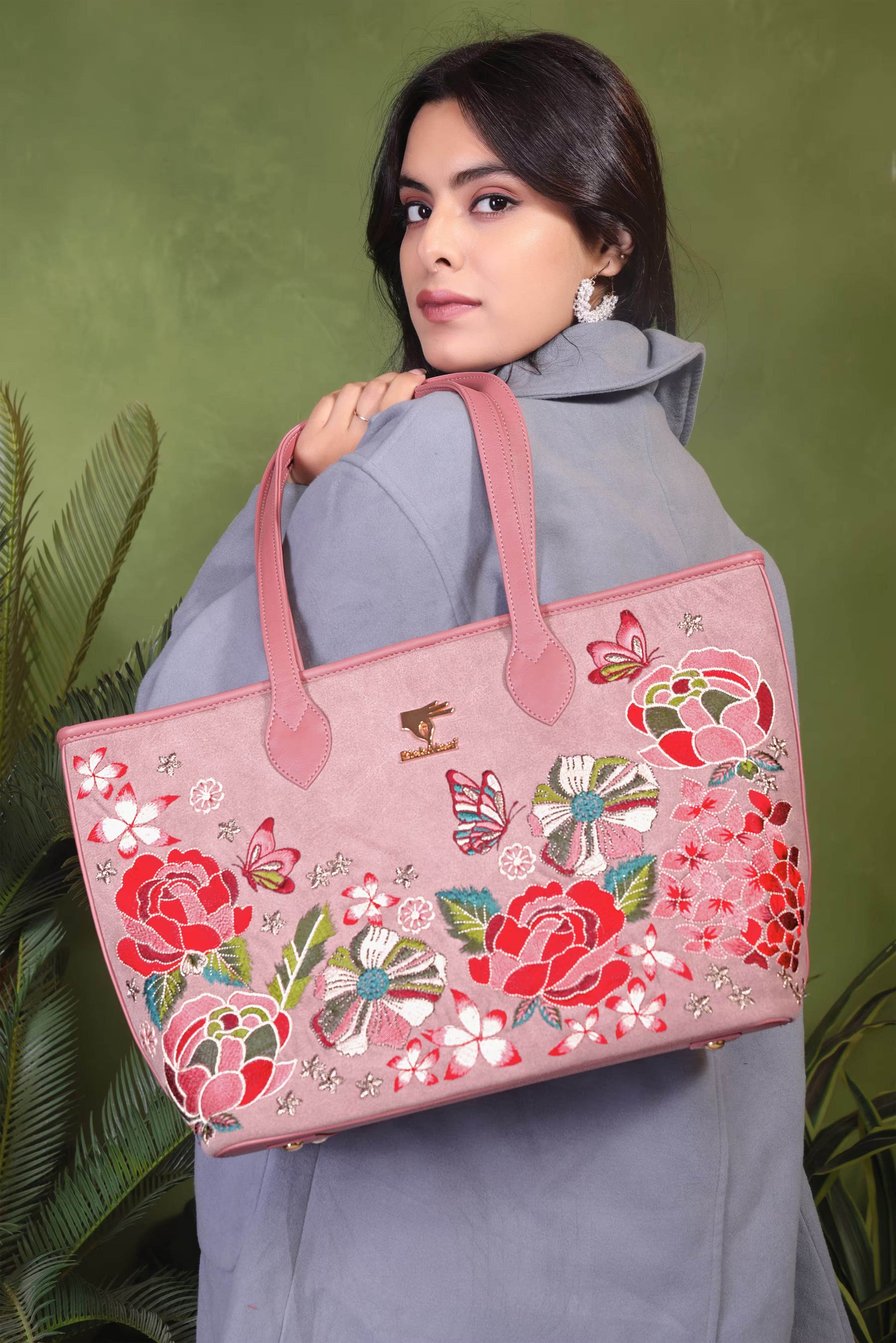 Pink embroidered vacation tote bag for women in vegan leather by PickAleaf for travel, shopping and daily use