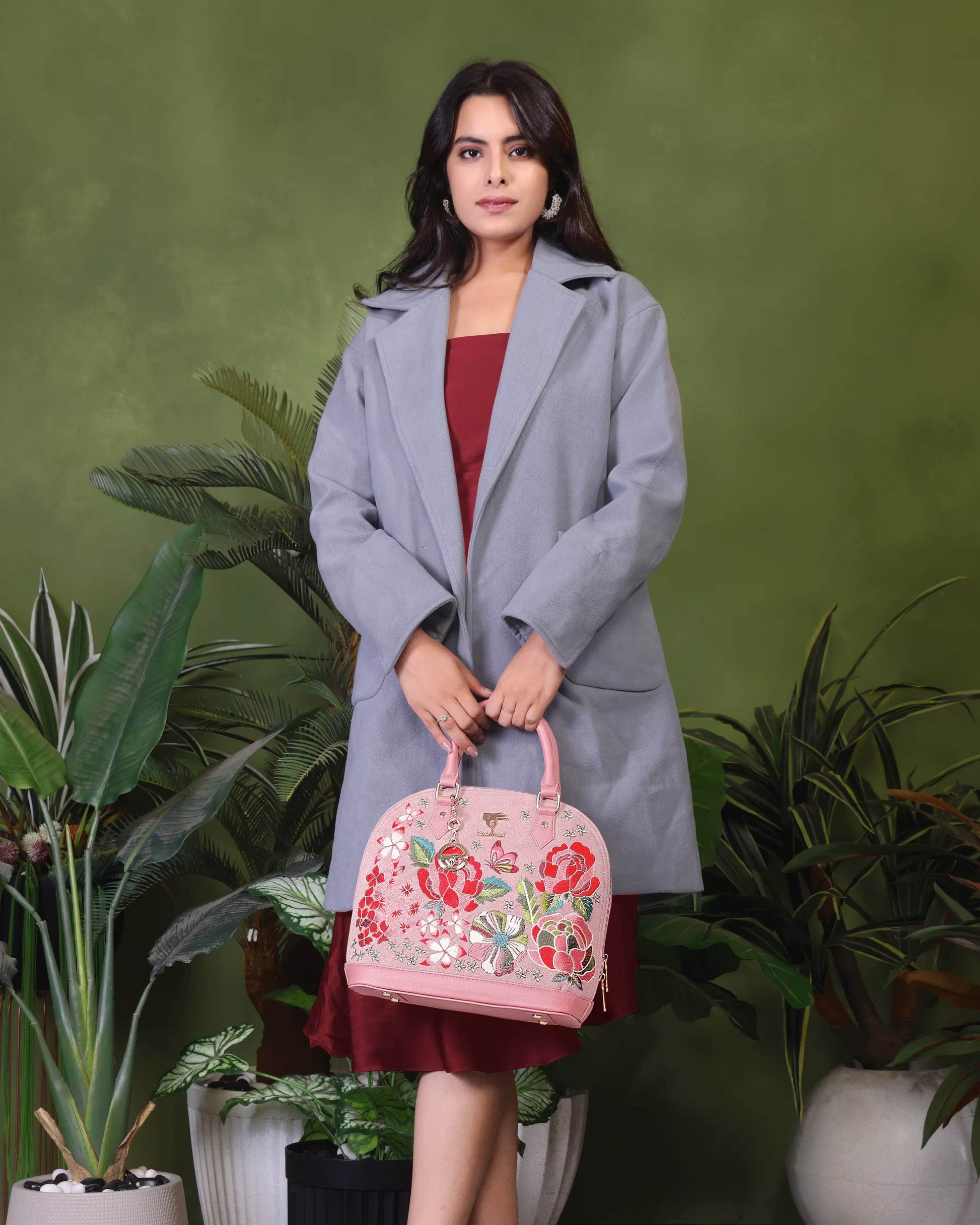 Pink embroidered wedding handbag for women in vegan leather by PickAleaf, cruelty free, for weddings, gifting and special occasions
