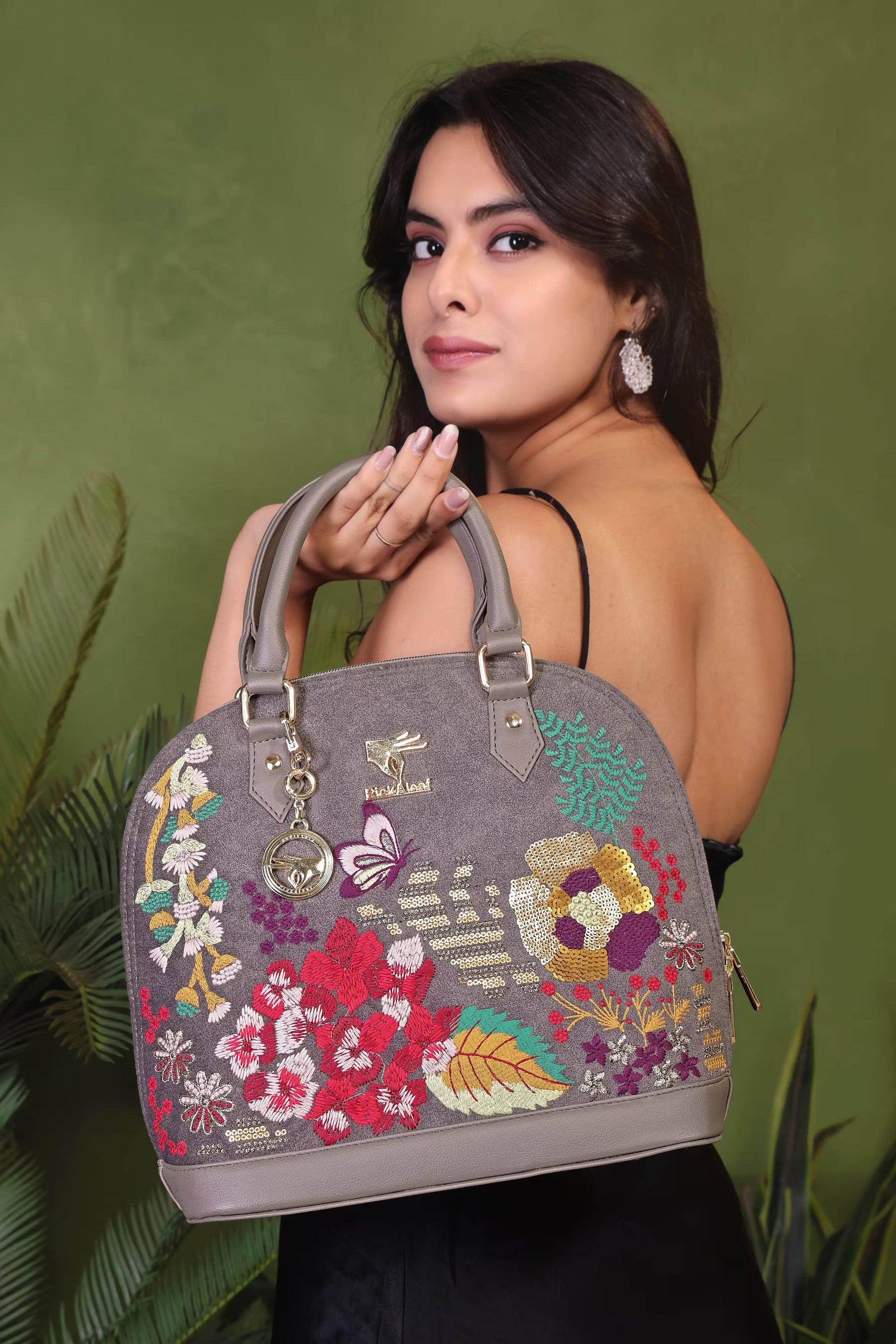 Grey embroidered small handbag for women in vegan leather by PickAleaf, cruelty free for work, meetings and formal use