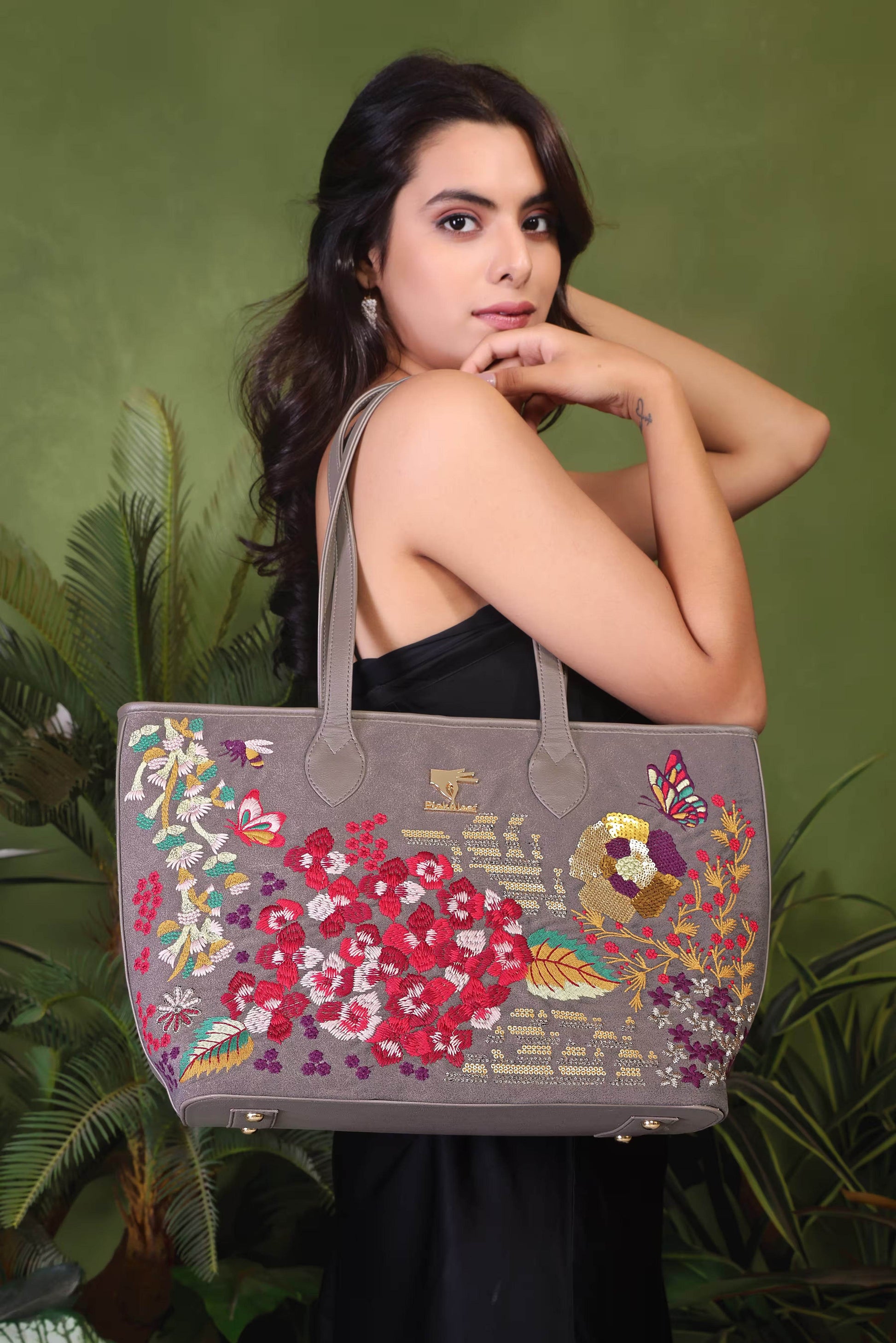 Grey laptop tote bag for women in vegan leather embroidery by PickAleaf with structured design for office, travel and daily use