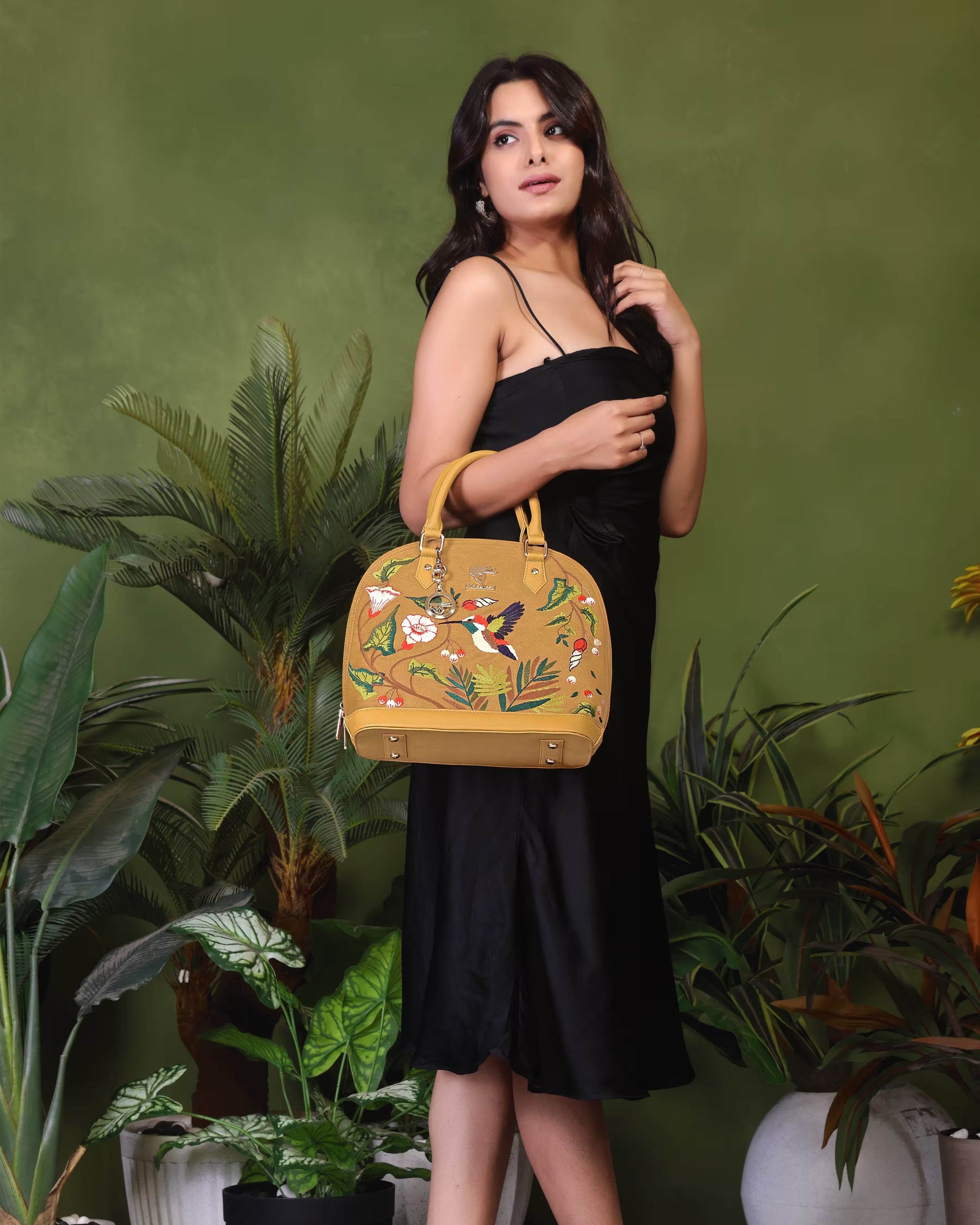 Mustard embroidered unique handbag for women in vegan leather by PickAleaf, cruelty free, for work, meetings and formal use