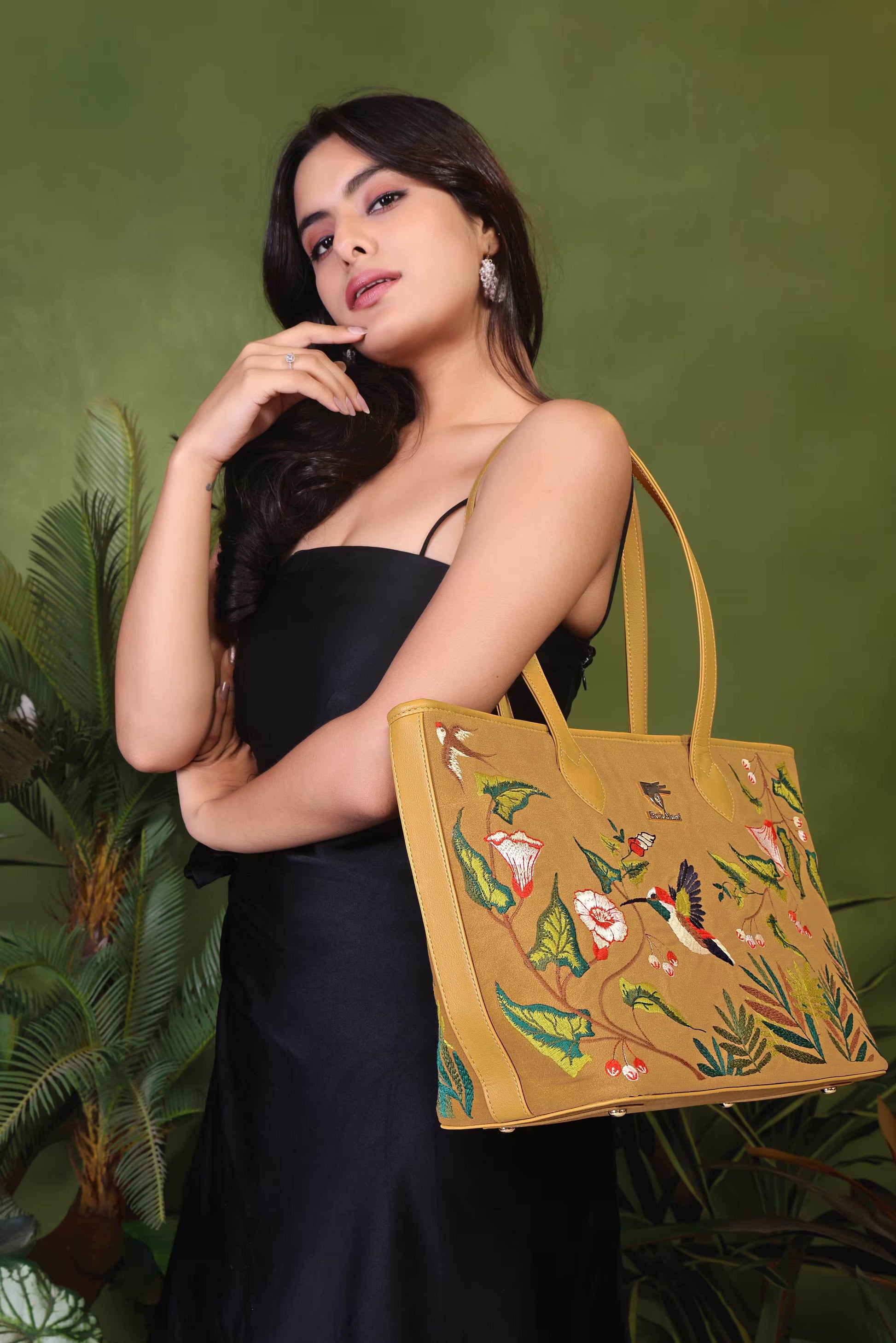 Mustard embroidered lightweight tote bag for women in vegan leather by PickAleaf for work, travel and daily use