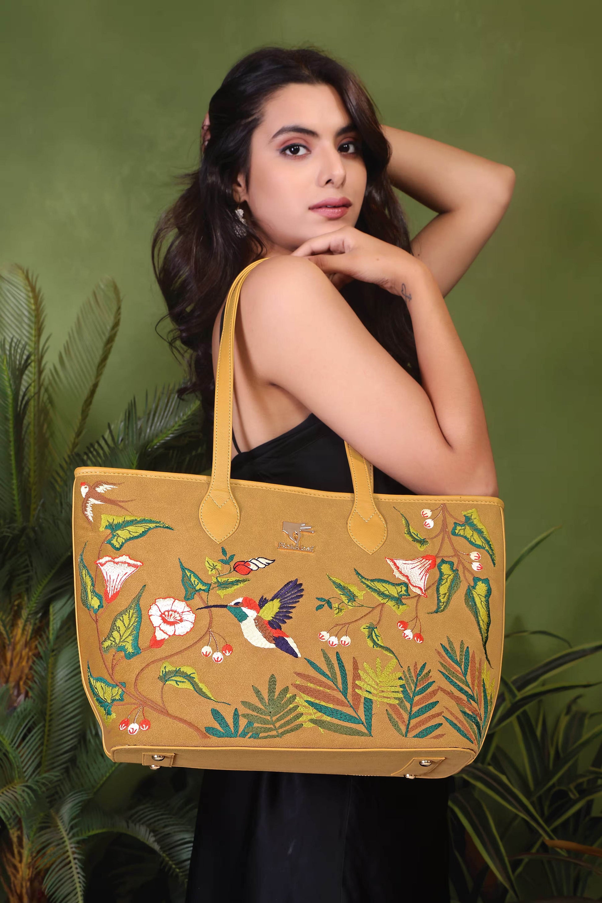 Mustard embroidered lightweight tote bag for women in vegan leather by PickAleaf for work, travel and daily use