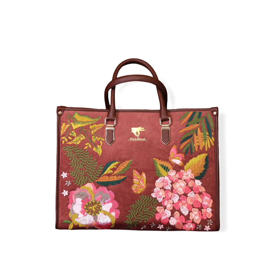Brown embroidered large tote bag for women in cruelty free vegan leather by PickAleaf with laptop space and compartments for daily use