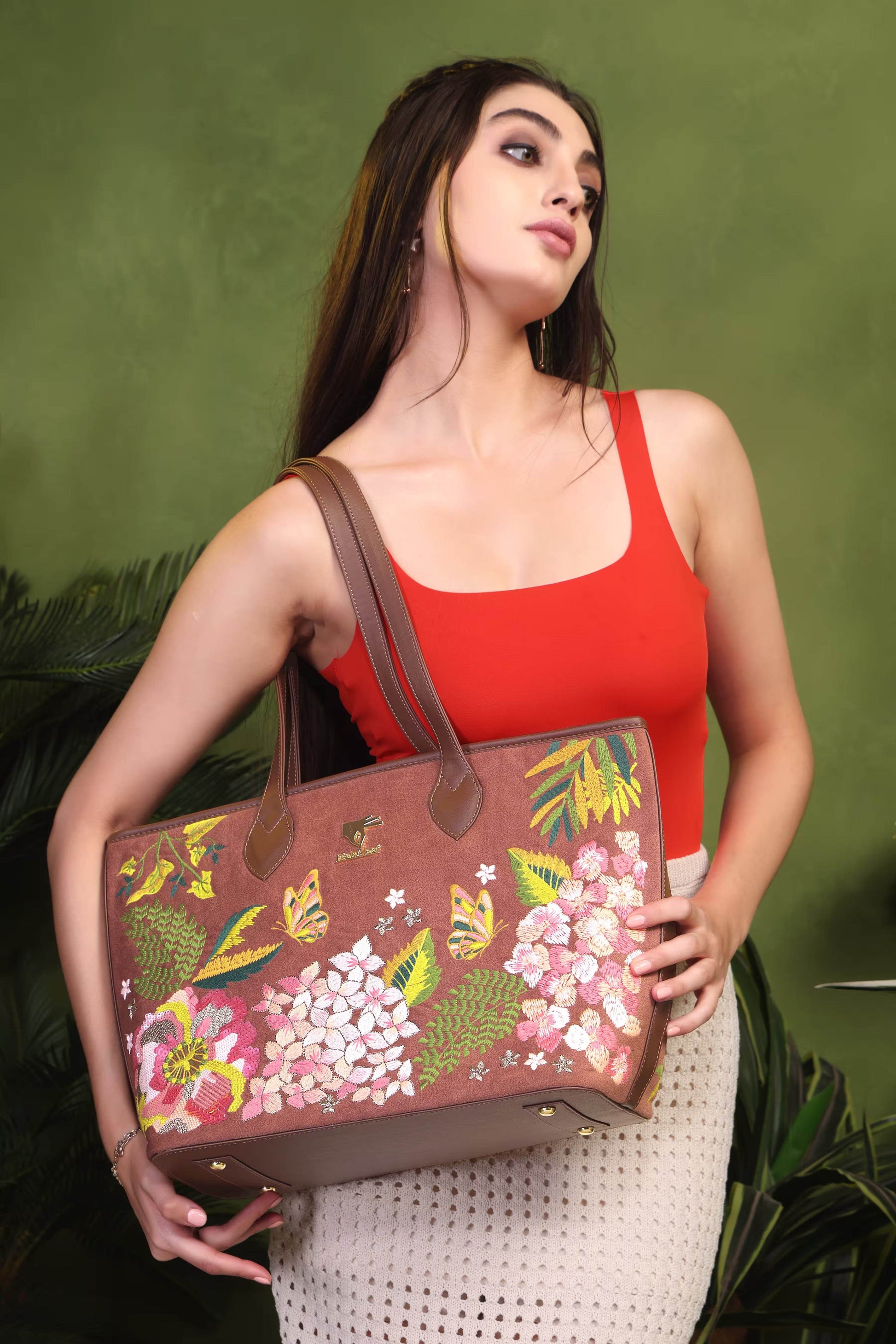 Brown floral vegan leather tote bag with Blossom Wood embroidery