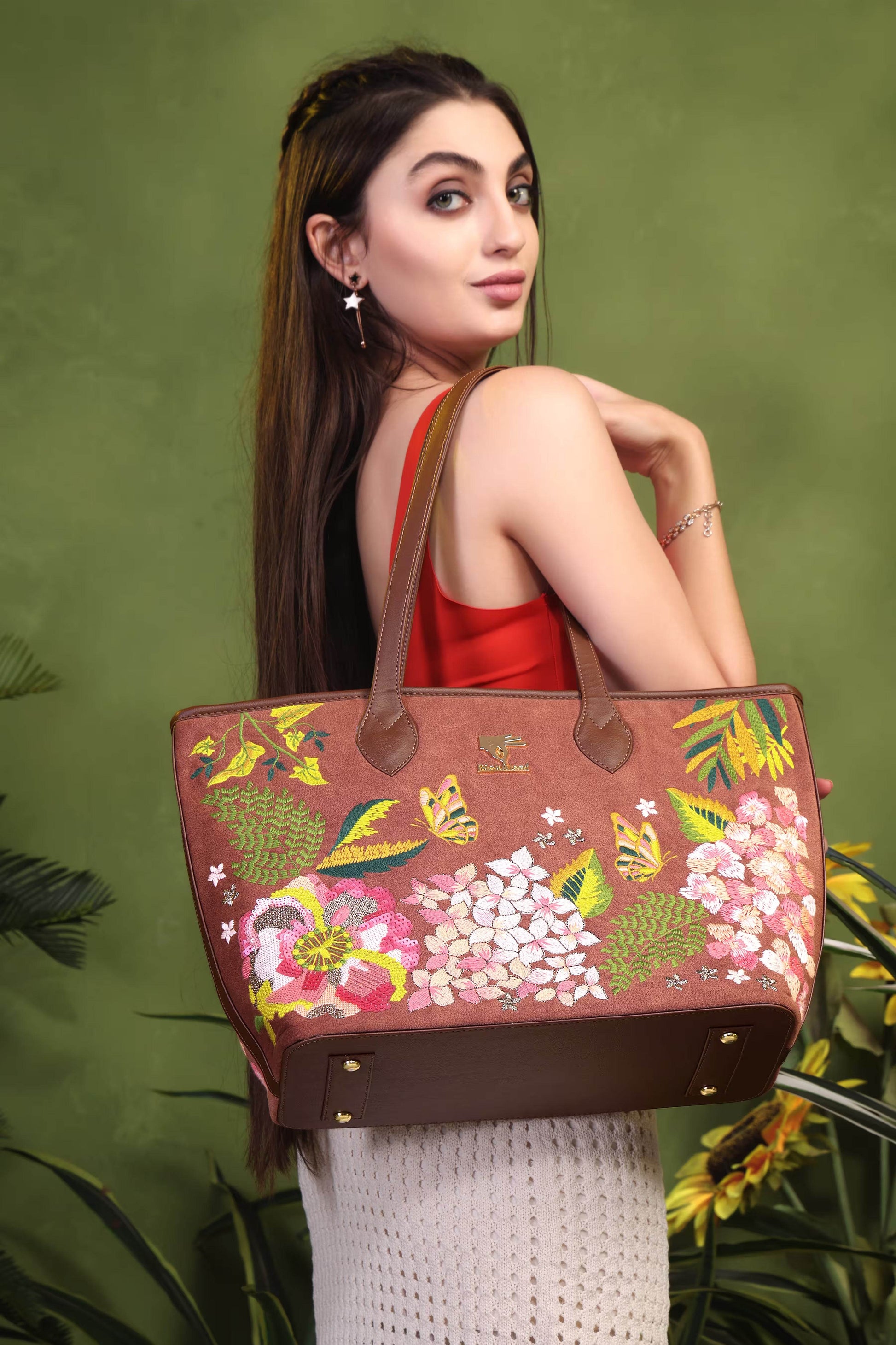 Brown floral vegan leather tote bag with Blossom Wood embroidery