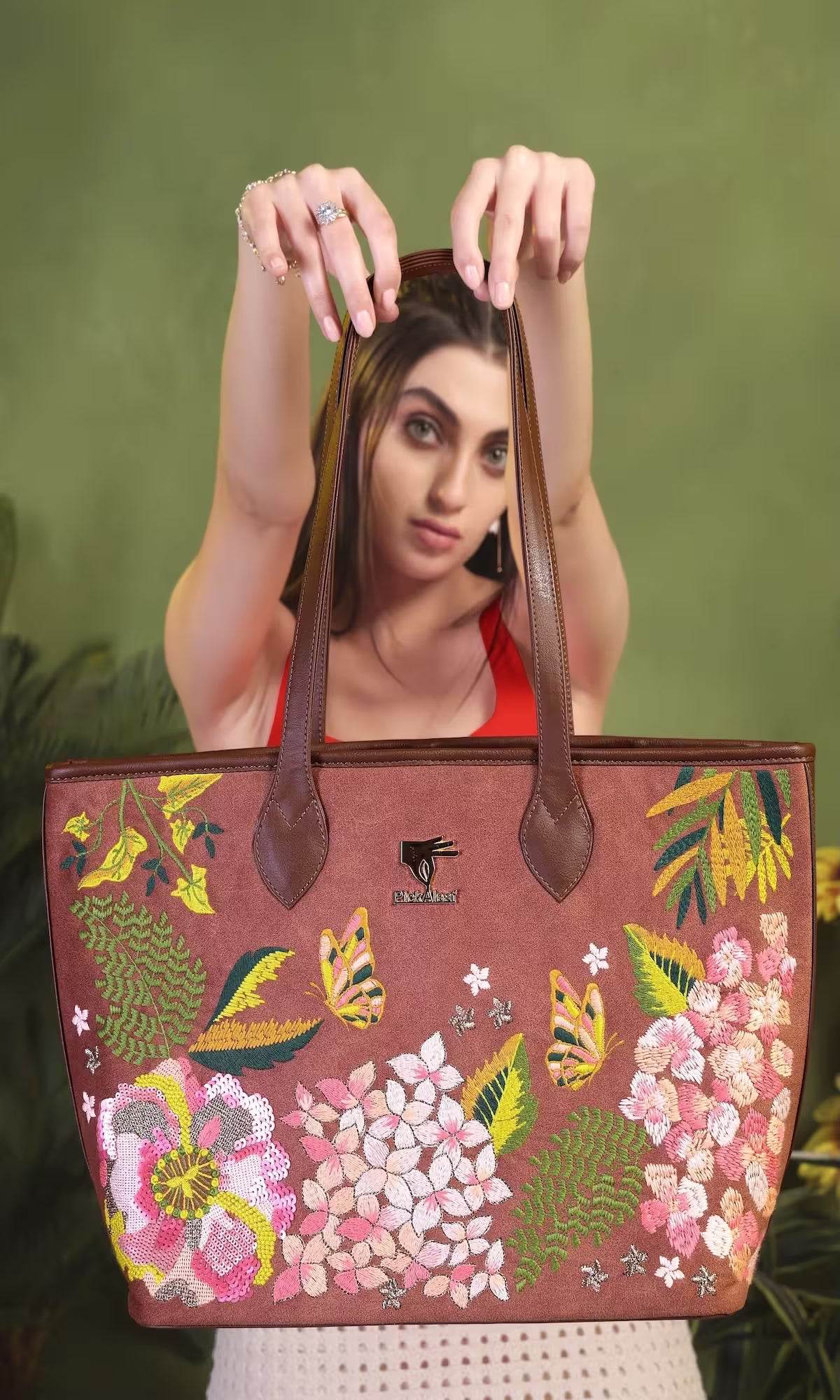 Brown floral embroidered tote bag for women in vegan leather by PickAleaf for daily use, travel, shopping and gifting