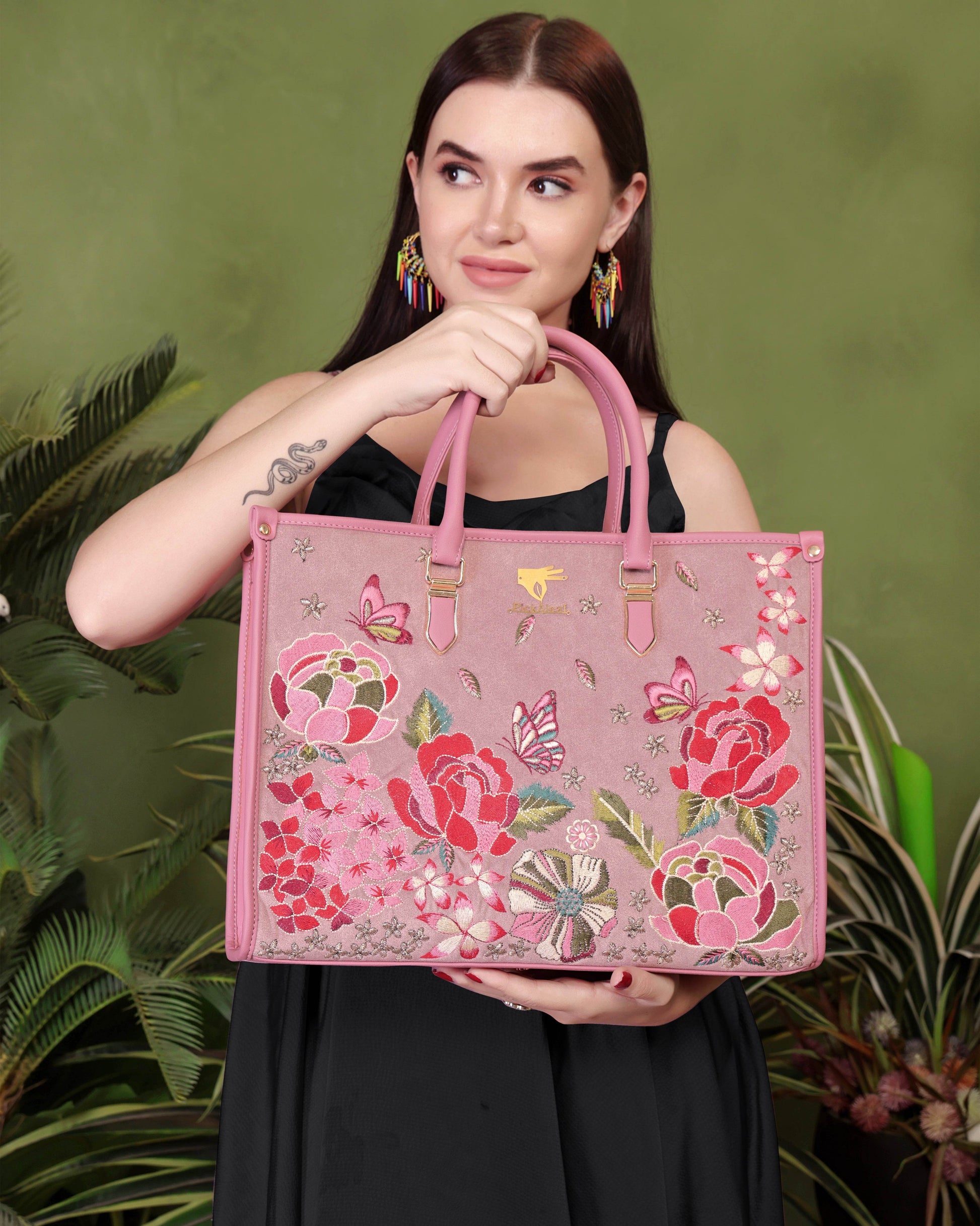 Pink wedding tote bag for women in cruelty free vegan leather by PickAleaf with embroidered design for wedding events and special occasions