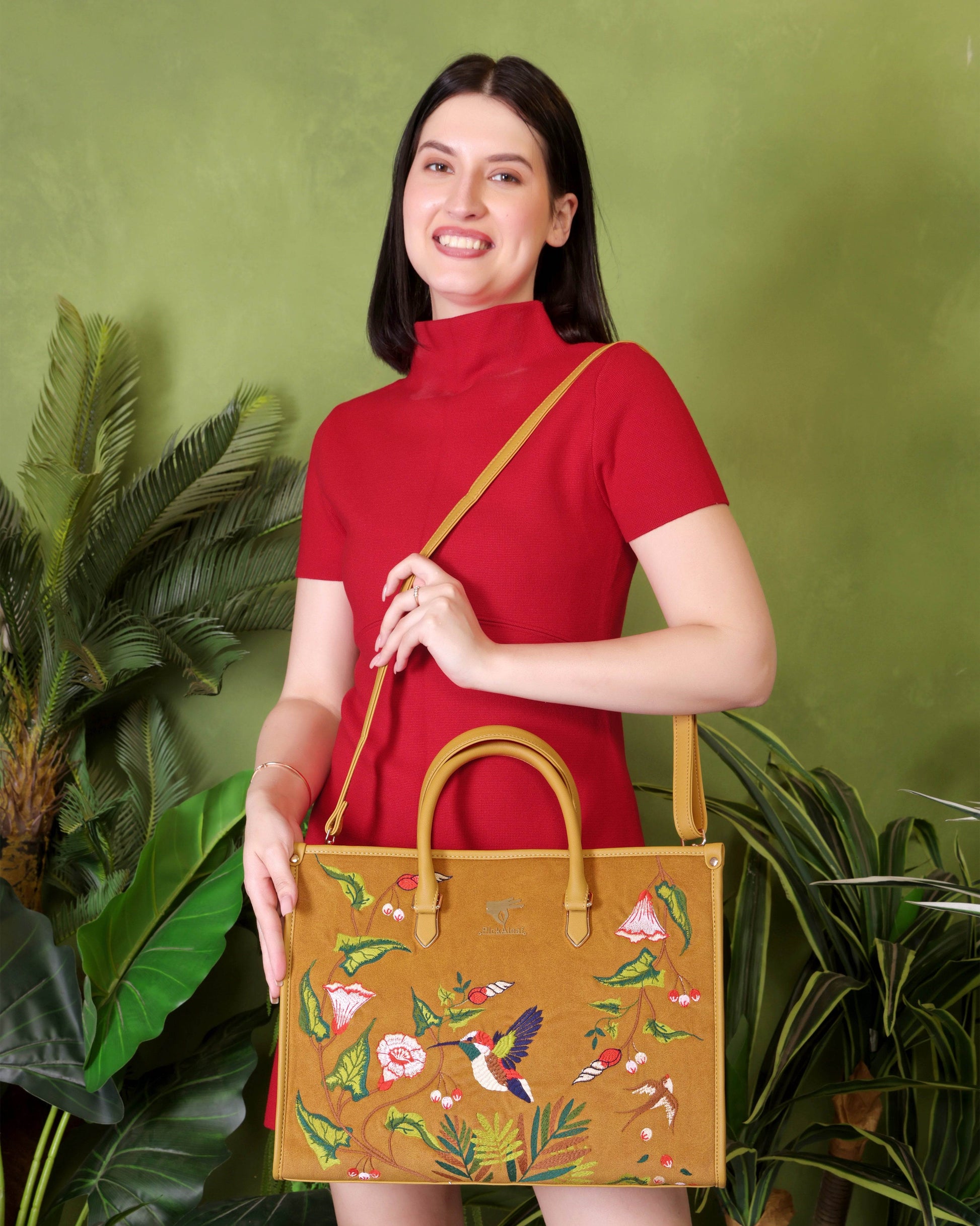 Mustard embroidered large tote bag for women in cruelty free vegan leather by PickAleaf with laptop pocket and organized compartments