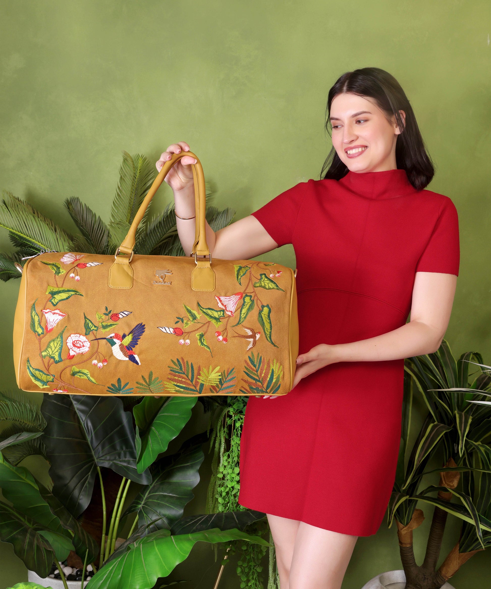 Mustard gym duffel bag for women in cruelty free vegan leather by PickAleaf for workouts, gym wear, shoes and daily fitness use