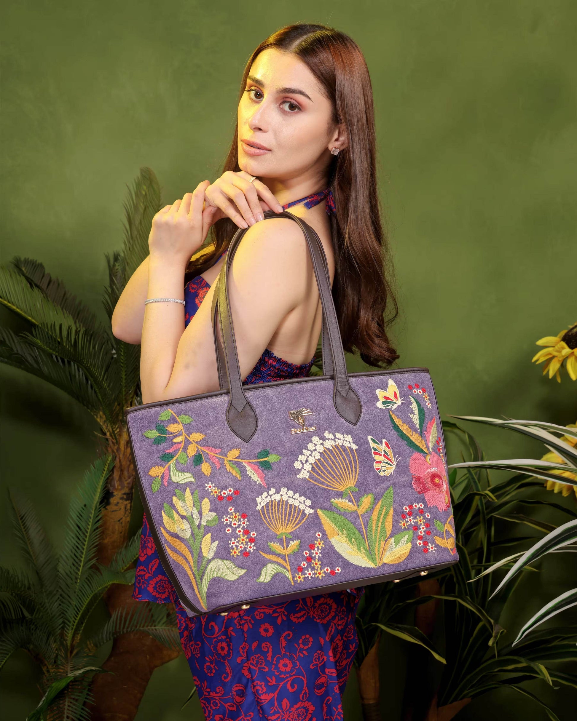 Purple embroidered tote bag for women in vegan leather by PickAleaf for daily use, travel, occasions and gifting