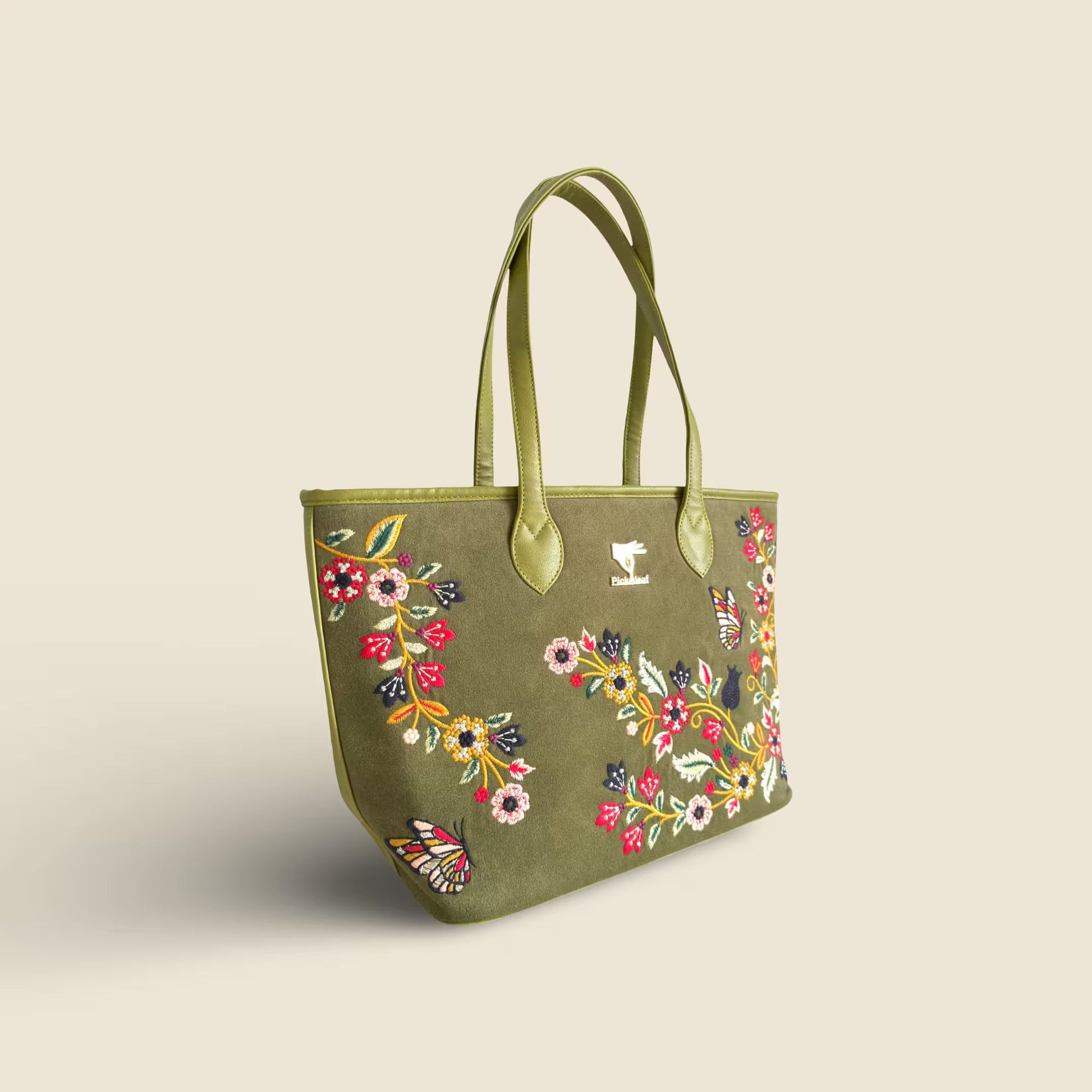 Olive green embroidered tote bag for women in vegan leather by PickAleaf for shopping, travel, functions and daily use