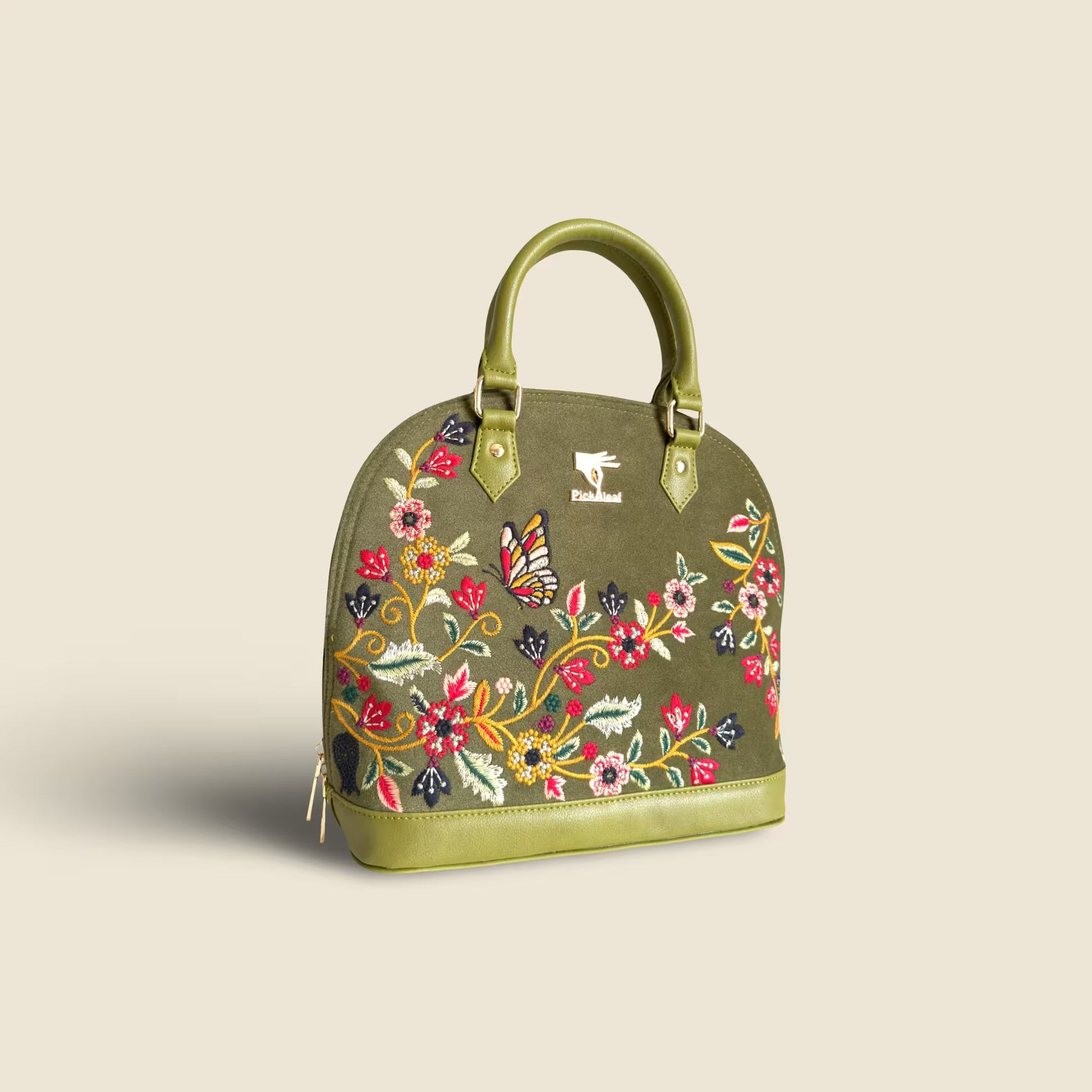 Olive green embroidered party handbag for women in vegan leather by PickAleaf, cruelty free with floral design for weddings and festive use