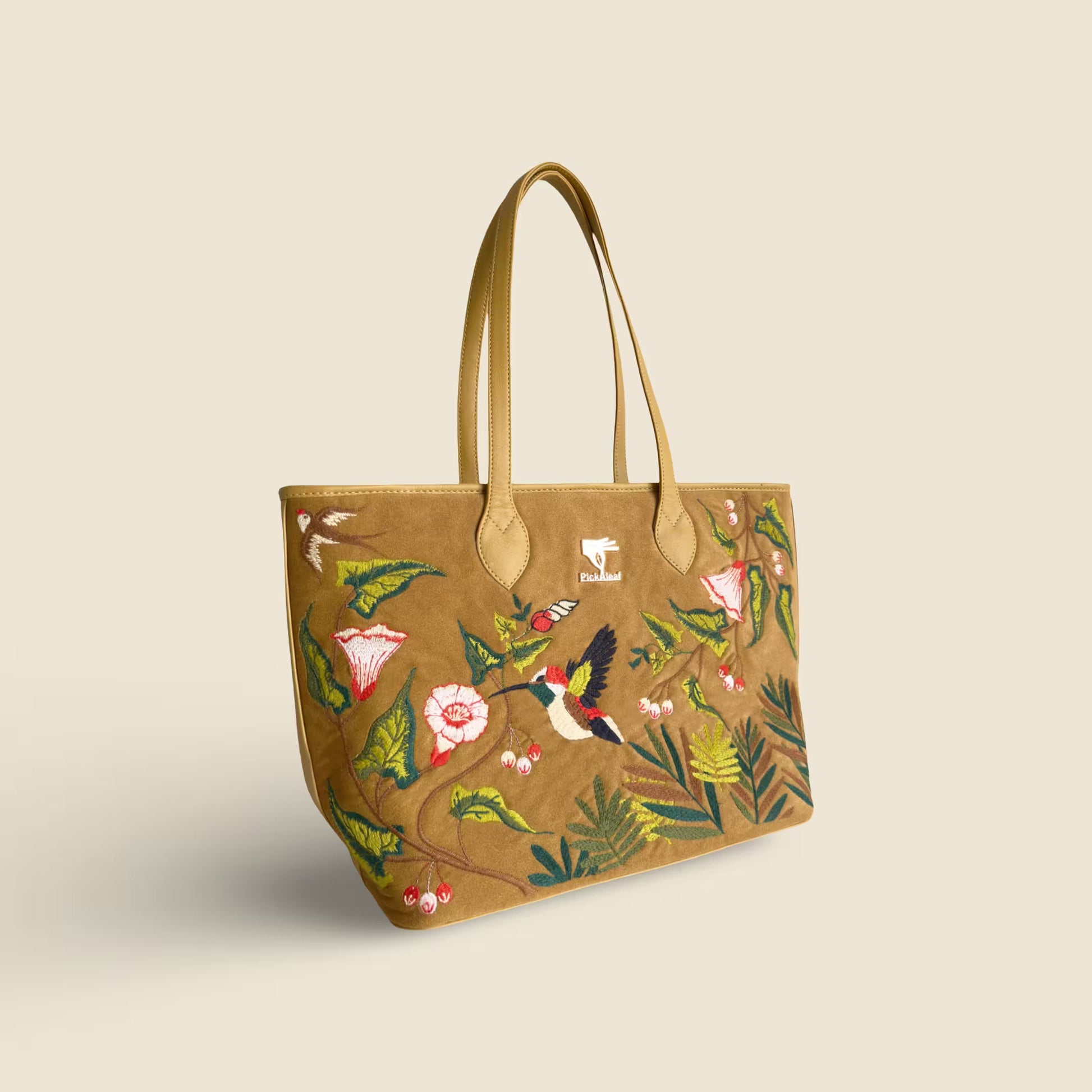Mustard embroidered lightweight tote bag for women in vegan leather by PickAleaf for work, travel and daily use