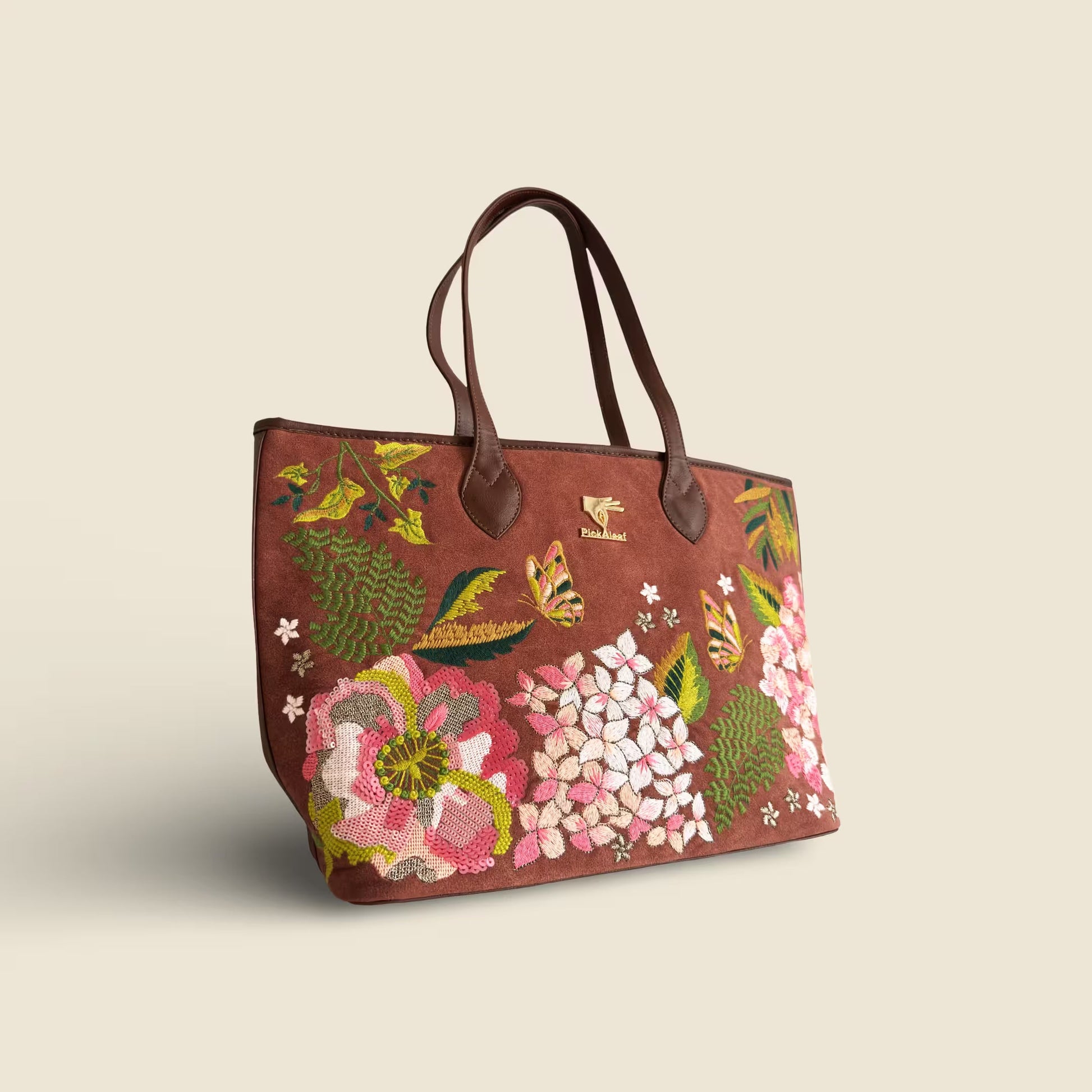 Brown floral embroidered tote bag for women in vegan leather by PickAleaf for daily use, travel, shopping and gifting