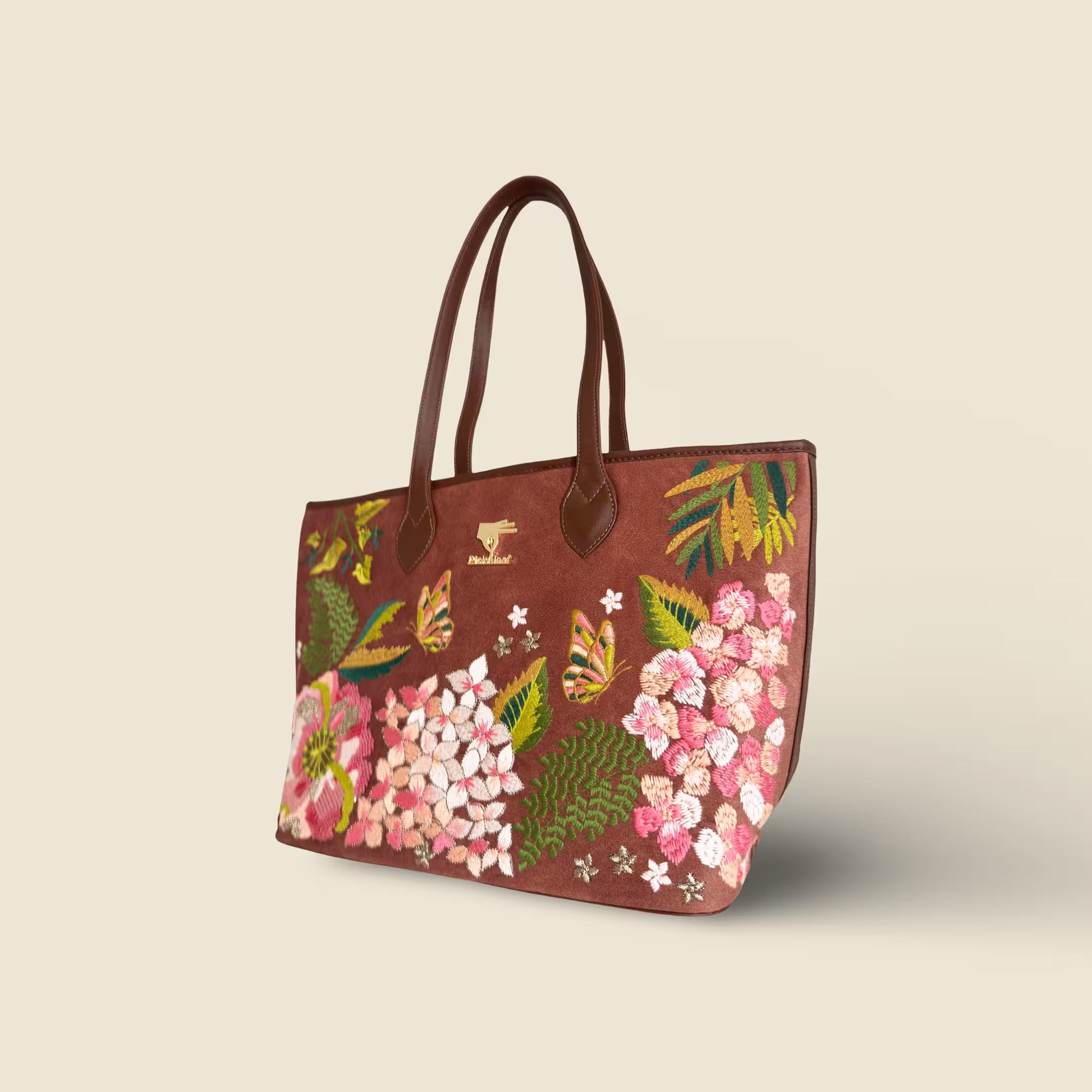 Brown floral embroidered tote bag for women in vegan leather by PickAleaf for daily use, travel, shopping and gifting