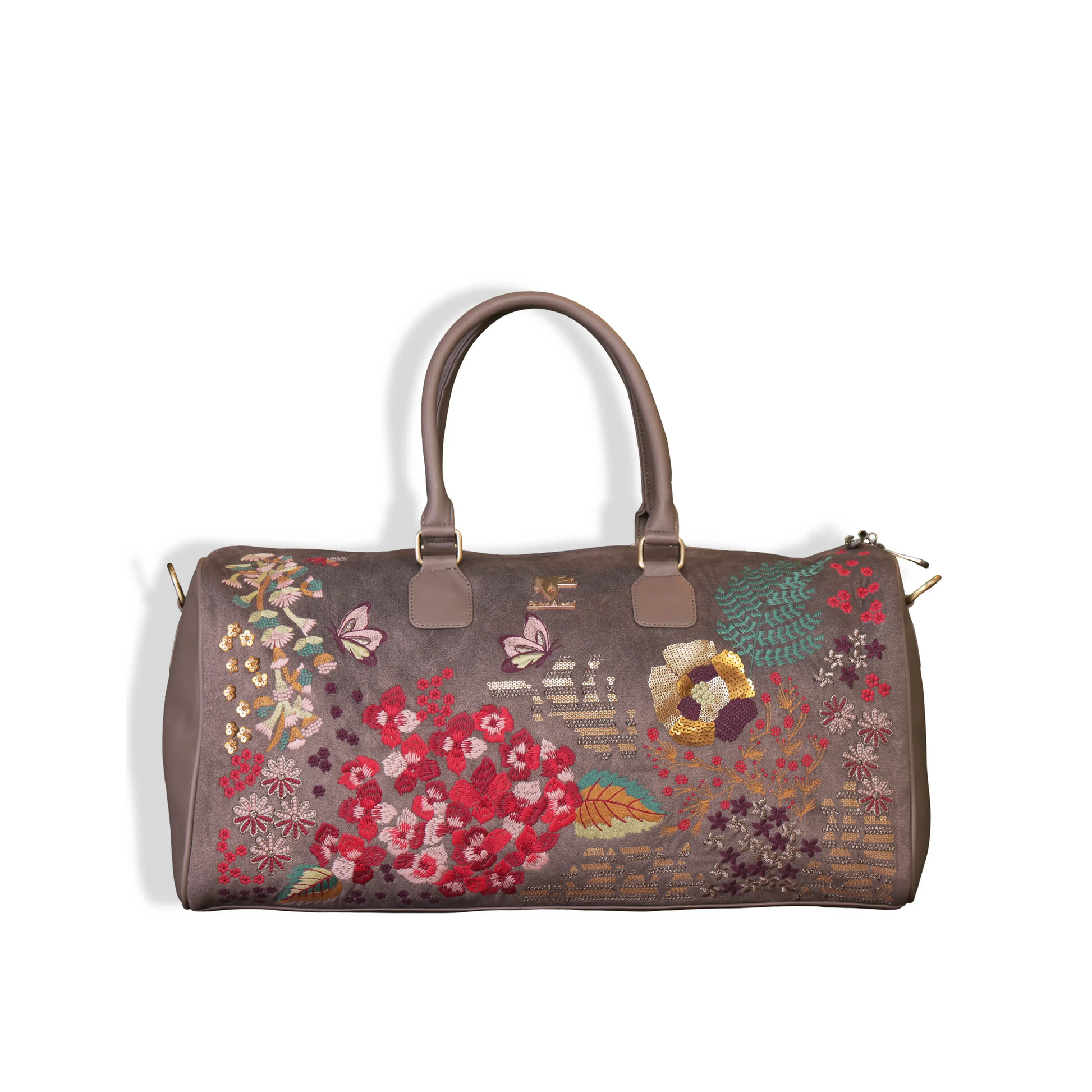 Grey overnight duffel bag for women in cruelty free vegan leather by PickAleaf for short trips and cabin travel use