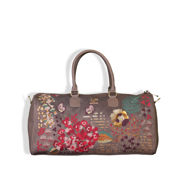 Embroidered Overnight Duffel Bag in Vegan Leather | Grey | PickAleaf