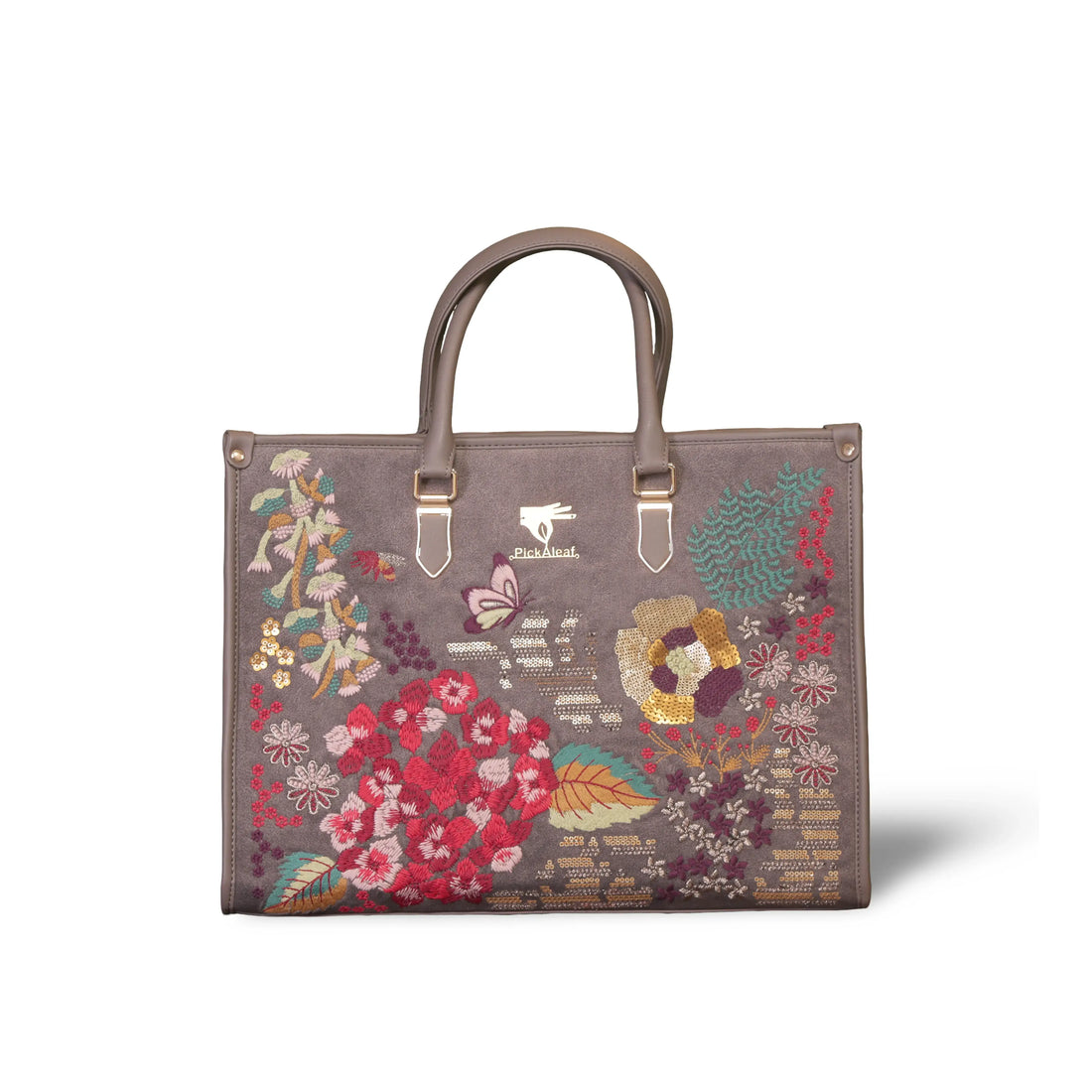 Grey embroidered tote bag for women in cruelty free vegan leather by PickAleaf with structured design for office and daily use