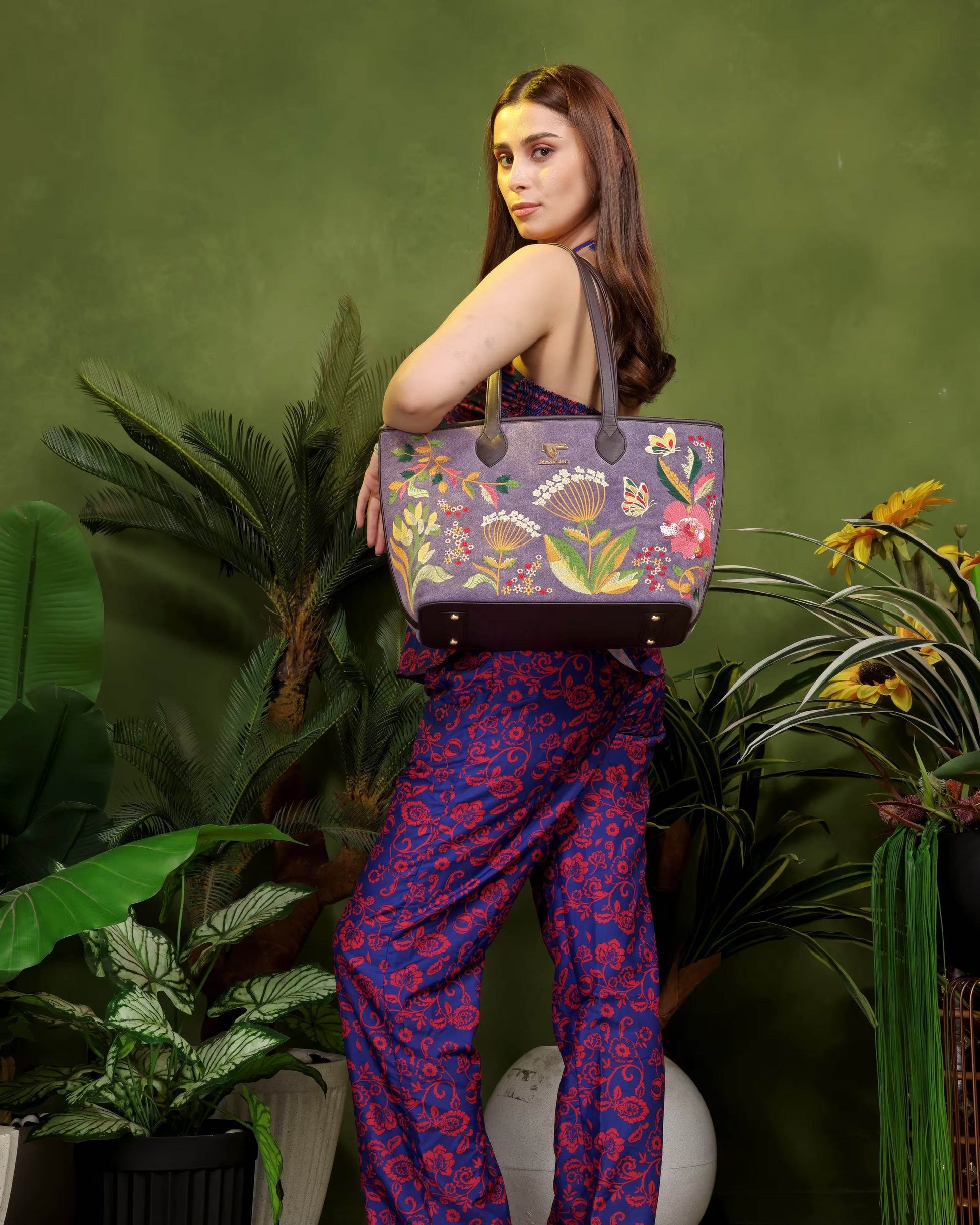 Purple embroidered tote bag for women in vegan leather by PickAleaf for daily use, travel, occasions and gifting