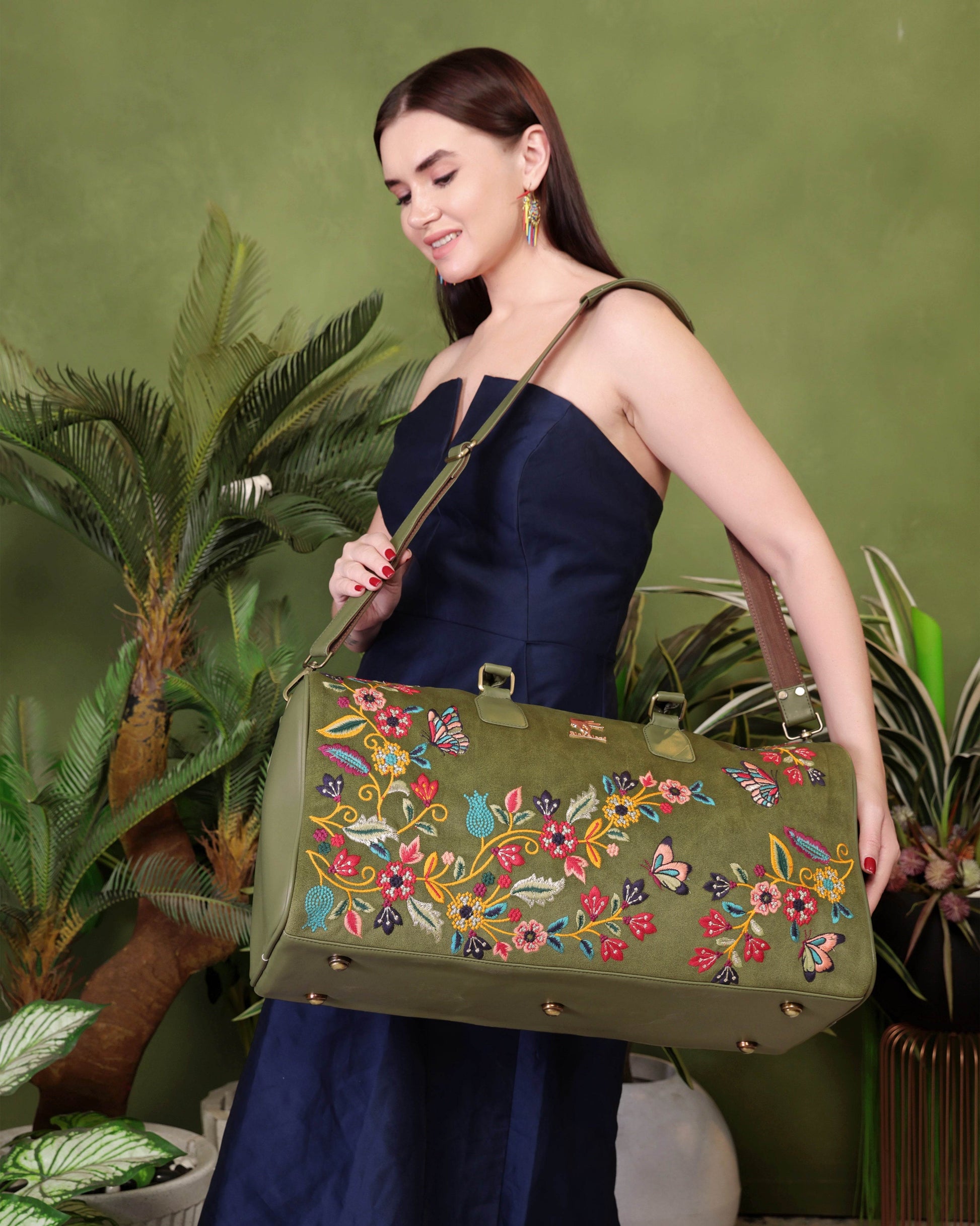 Olive green large gym bag for women in cruelty free vegan leather by PickAleaf for workouts travel and elevated daily use