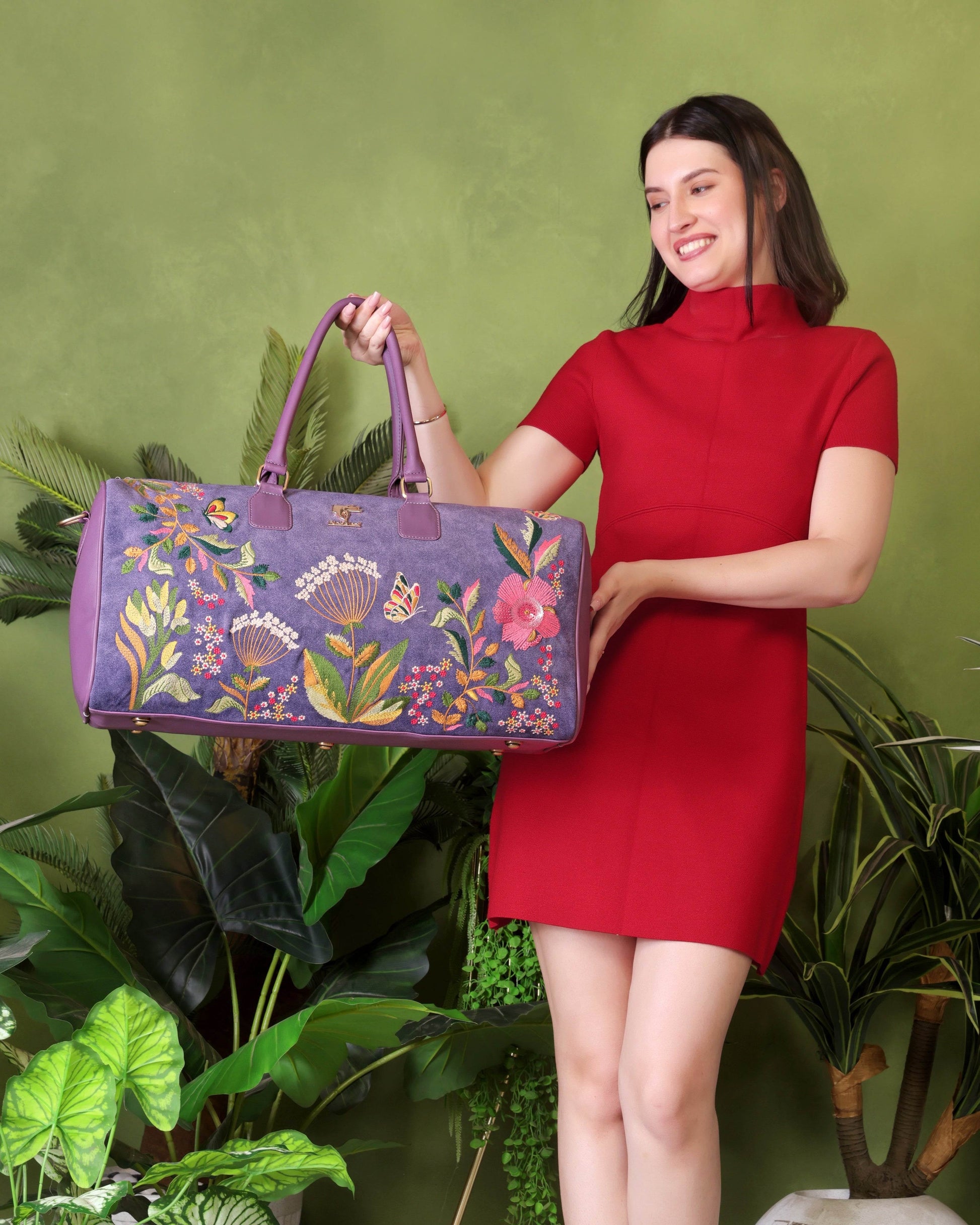 Purple airport travel duffel bag for women in cruelty free vegan leather by PickAleaf for cabin travel and carry on use