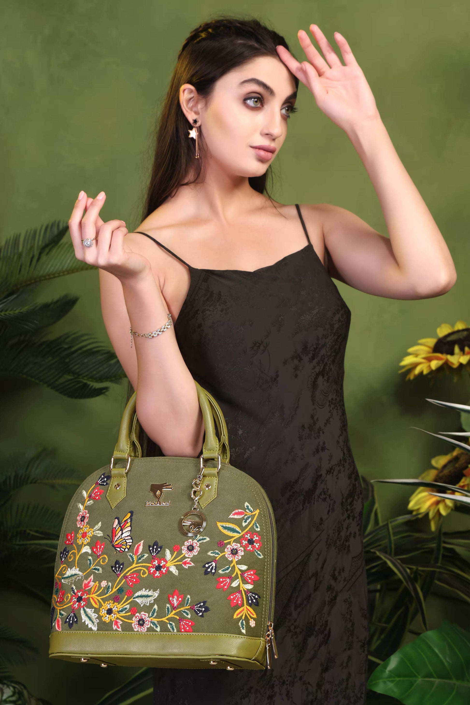Olive green embroidered party handbag for women in vegan leather by PickAleaf, cruelty free with floral design for weddings and festive use