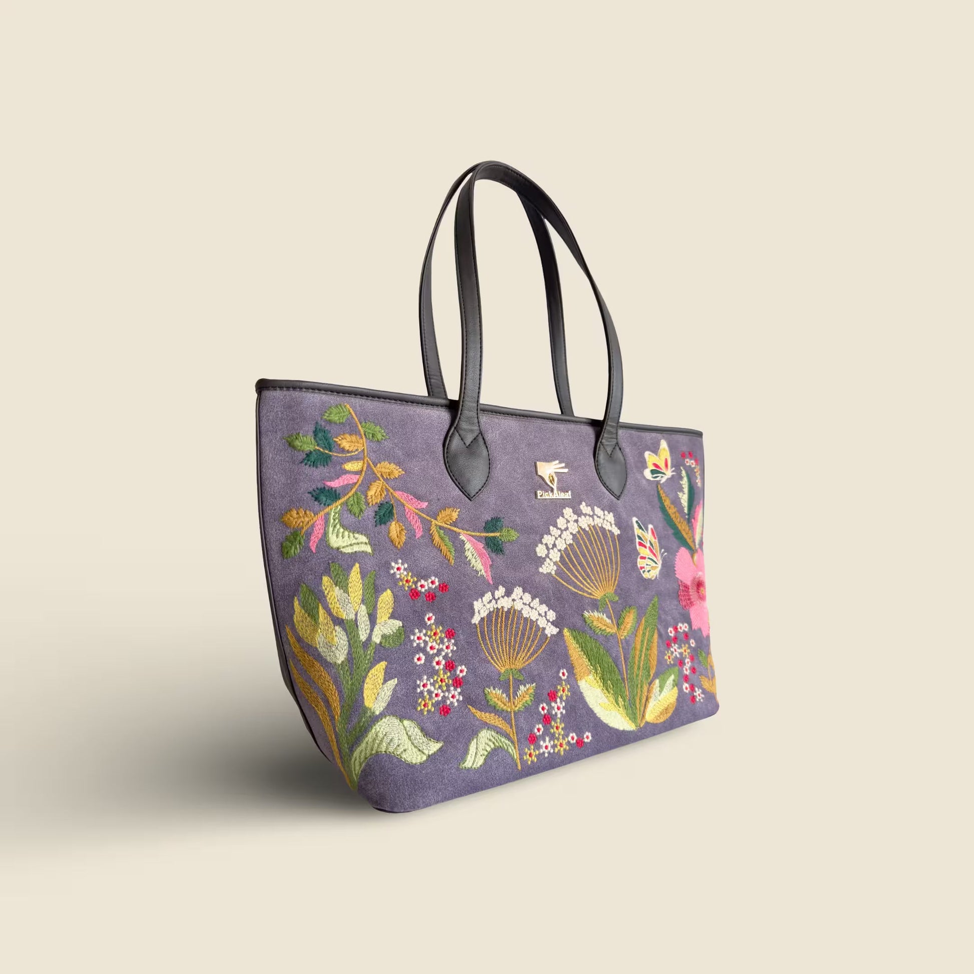 Purple embroidered tote bag for women in vegan leather by PickAleaf for daily use, travel, occasions and gifting