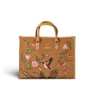 Mustard embroidered large tote bag for women in cruelty free vegan leather by PickAleaf with laptop pocket and organized compartments