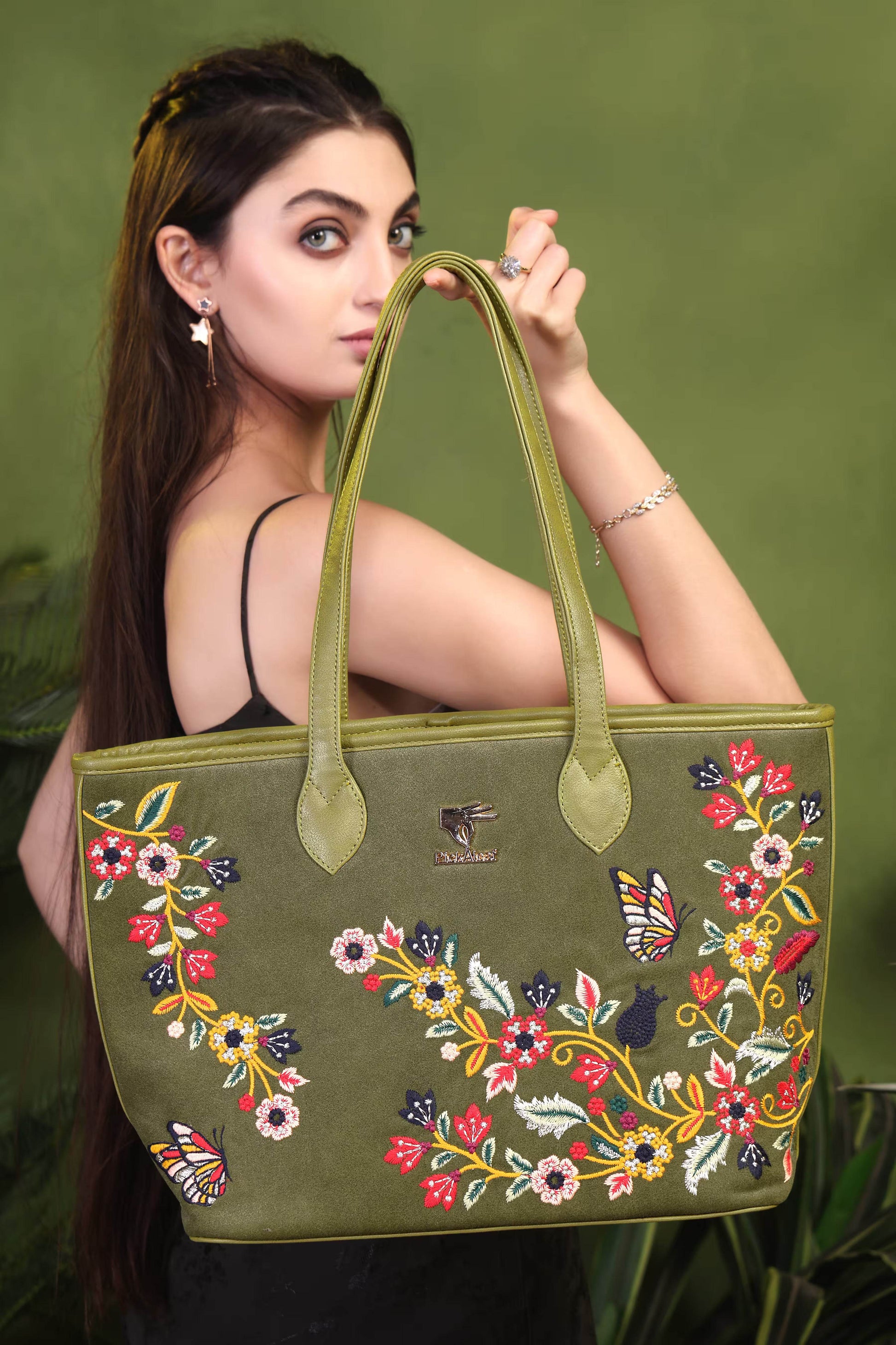 Olive green embroidered tote bag for women in vegan leather by PickAleaf for shopping, travel, functions and daily use