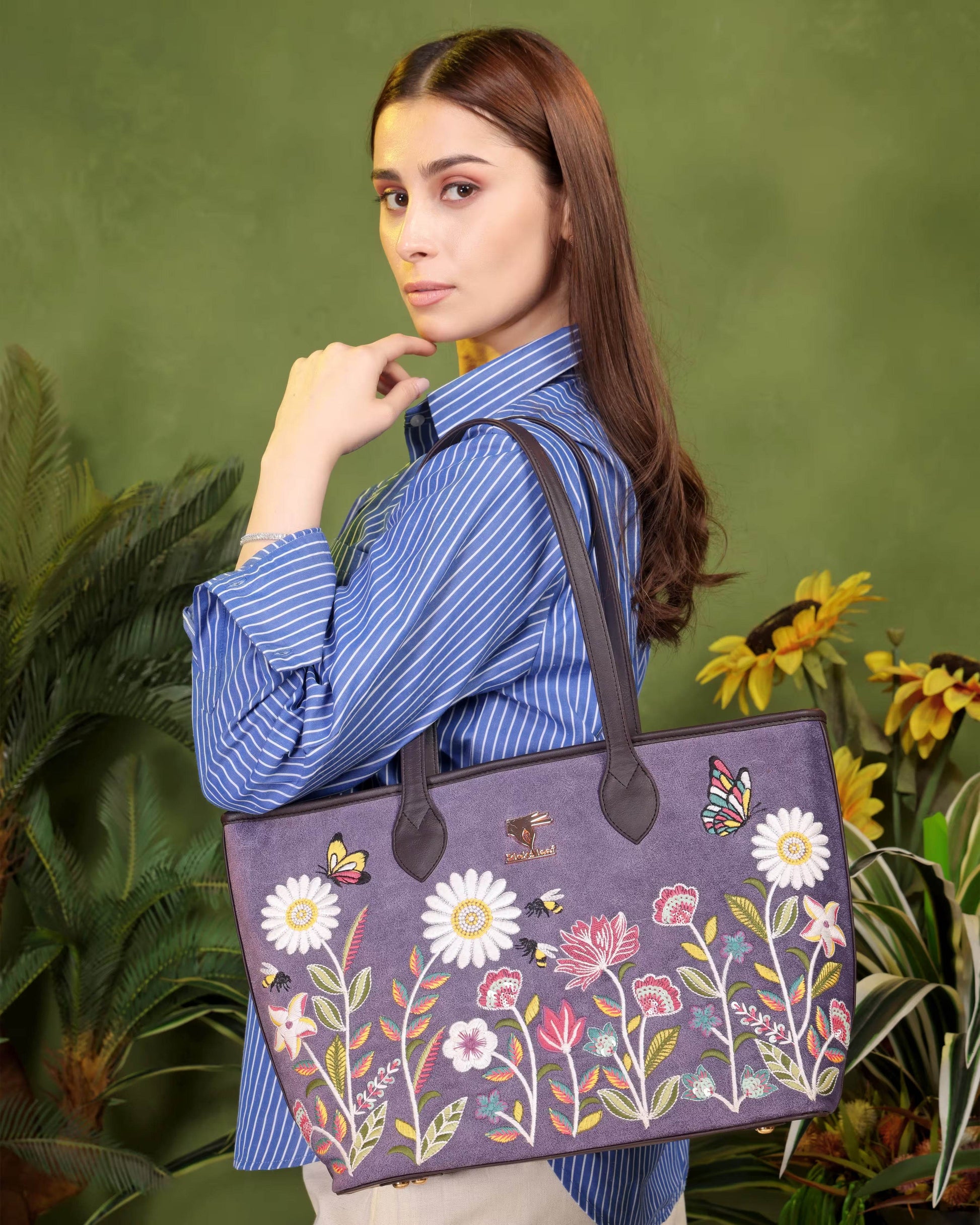 Purple embroidered ethinic tote bag for women in vegan leather by PickAleaf for travel, shopping and daily use