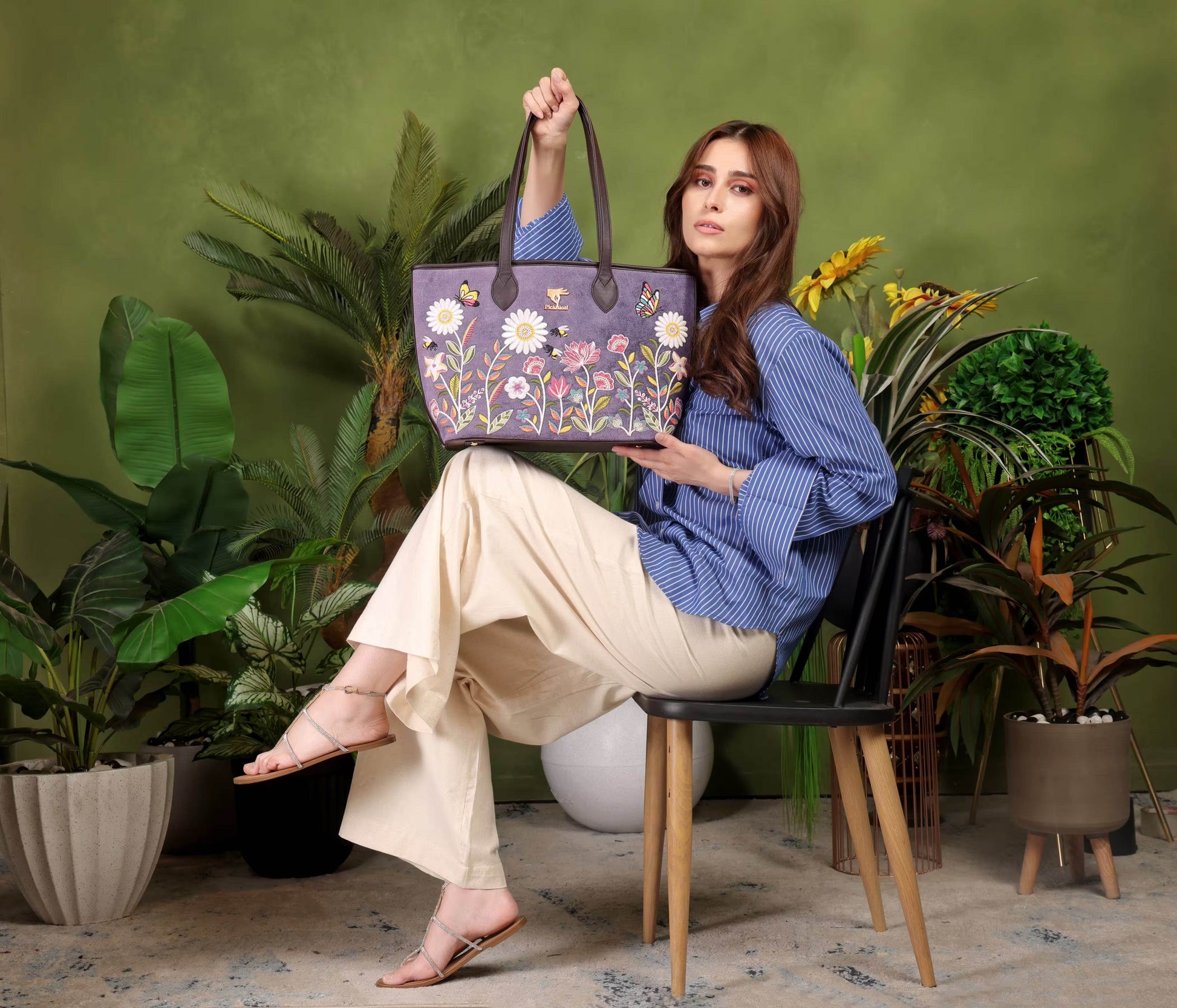 Purple embroidered ethinic tote bag for women in vegan leather by PickAleaf for travel, shopping and daily use