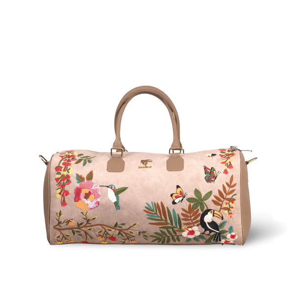 Embroidered Travel Duffel Bag in Vegan Leather | Beige | PickAleaf