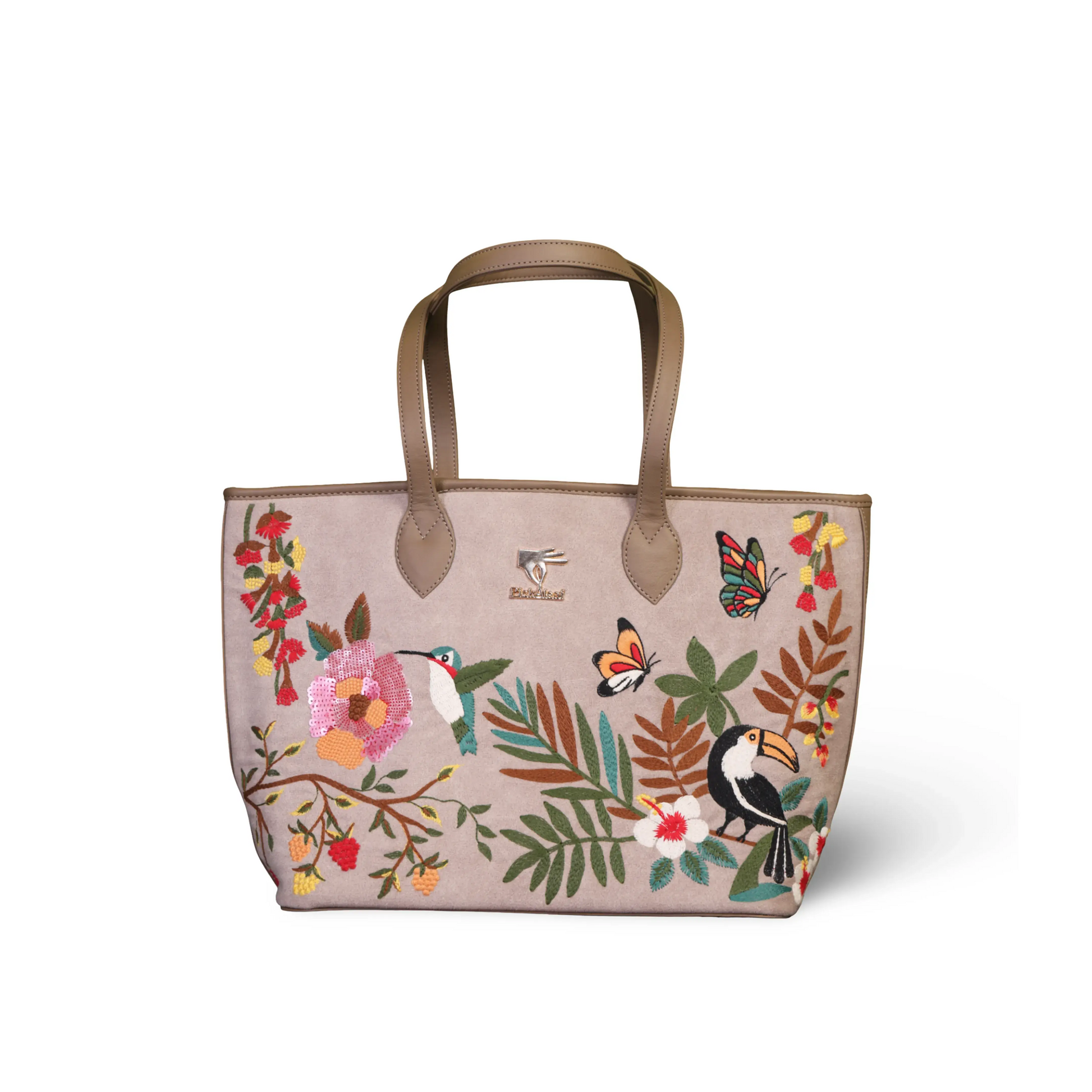 Beige embroidered large tote bag for women in vegan leather by PickAleaf with spacious design for travel, shopping and daily use