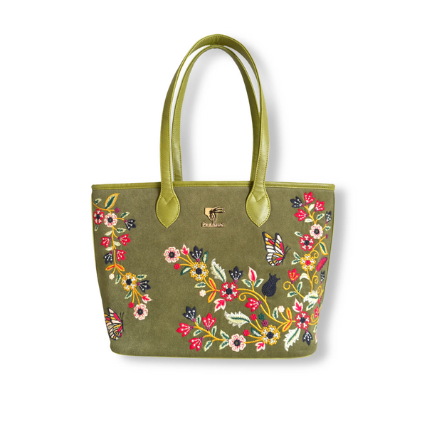 Floral Tote Bag For Women | Embroidered | Olive Green | PickAleaf