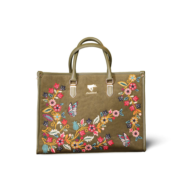 Embroidered Daily Tote Bag in Vegan Leather | Olive Green | PickAleaf