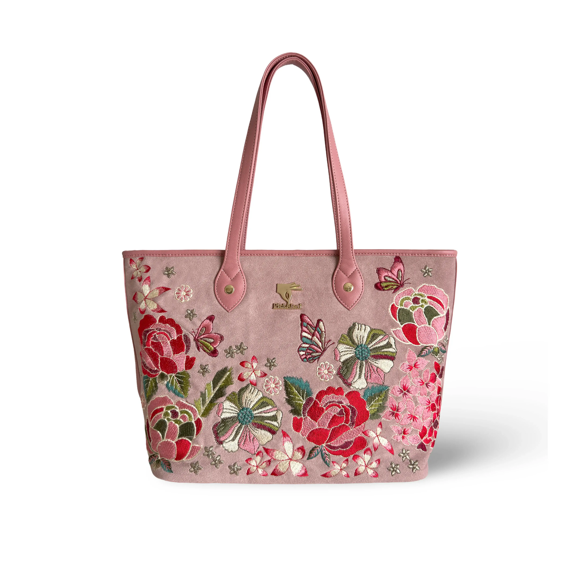 Pink embroidered vacation tote bag for women in vegan leather by PickAleaf for travel, shopping and daily use