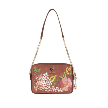 Brown embroidered floral crossbody bag for women in vegan leather by PickAleaf for daily use, travel and casual outings