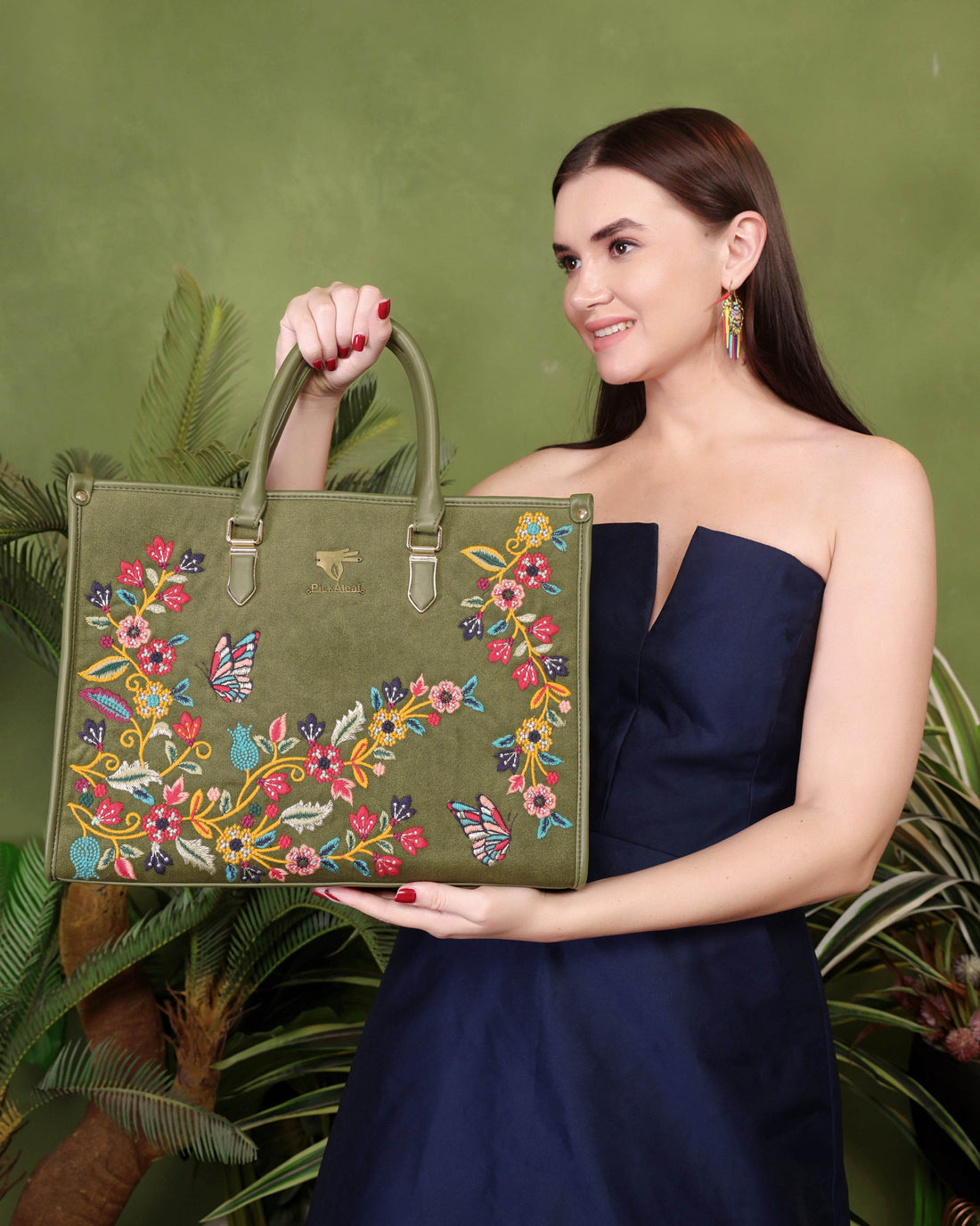 Olive green embroidered daily tote bag for women in cruelty free vegan leather by PickAleaf with laptop space and organized compartments