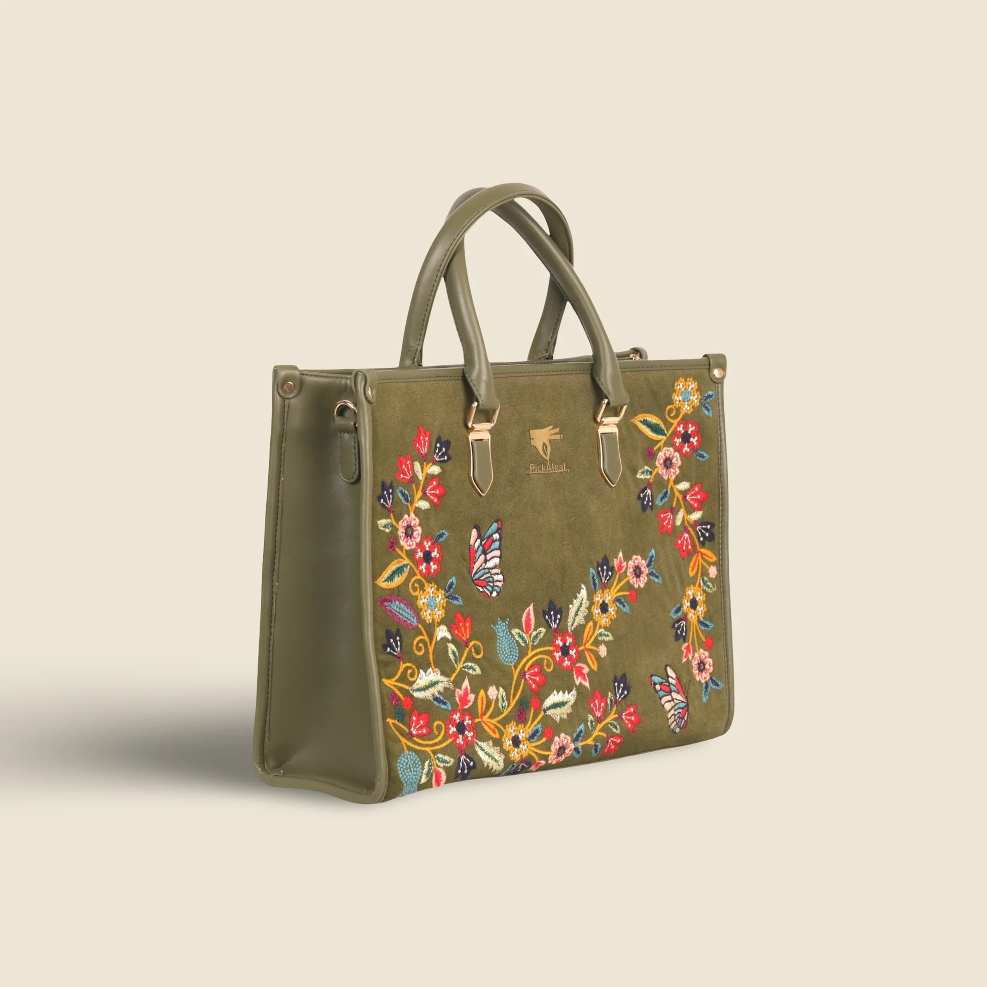 Olive green embroidered daily tote bag for women in cruelty free vegan leather by PickAleaf with laptop space and organized compartments