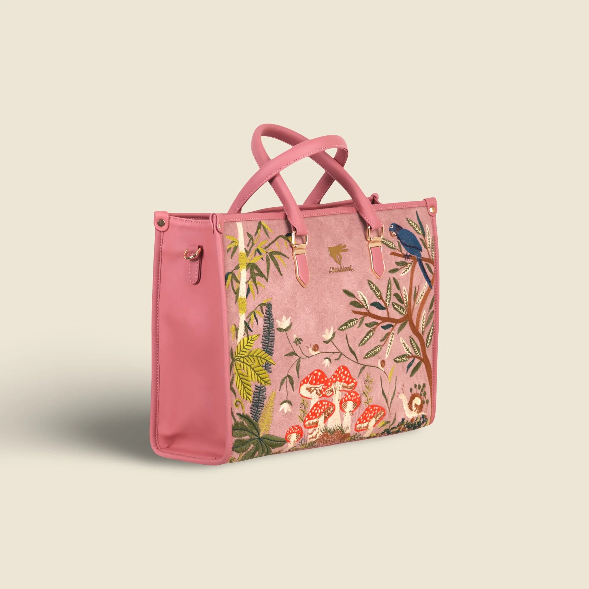 Pink embroidered bridal tote bag for women in cruelty free vegan leather by PickAleaf with spacious interior and organized compartments