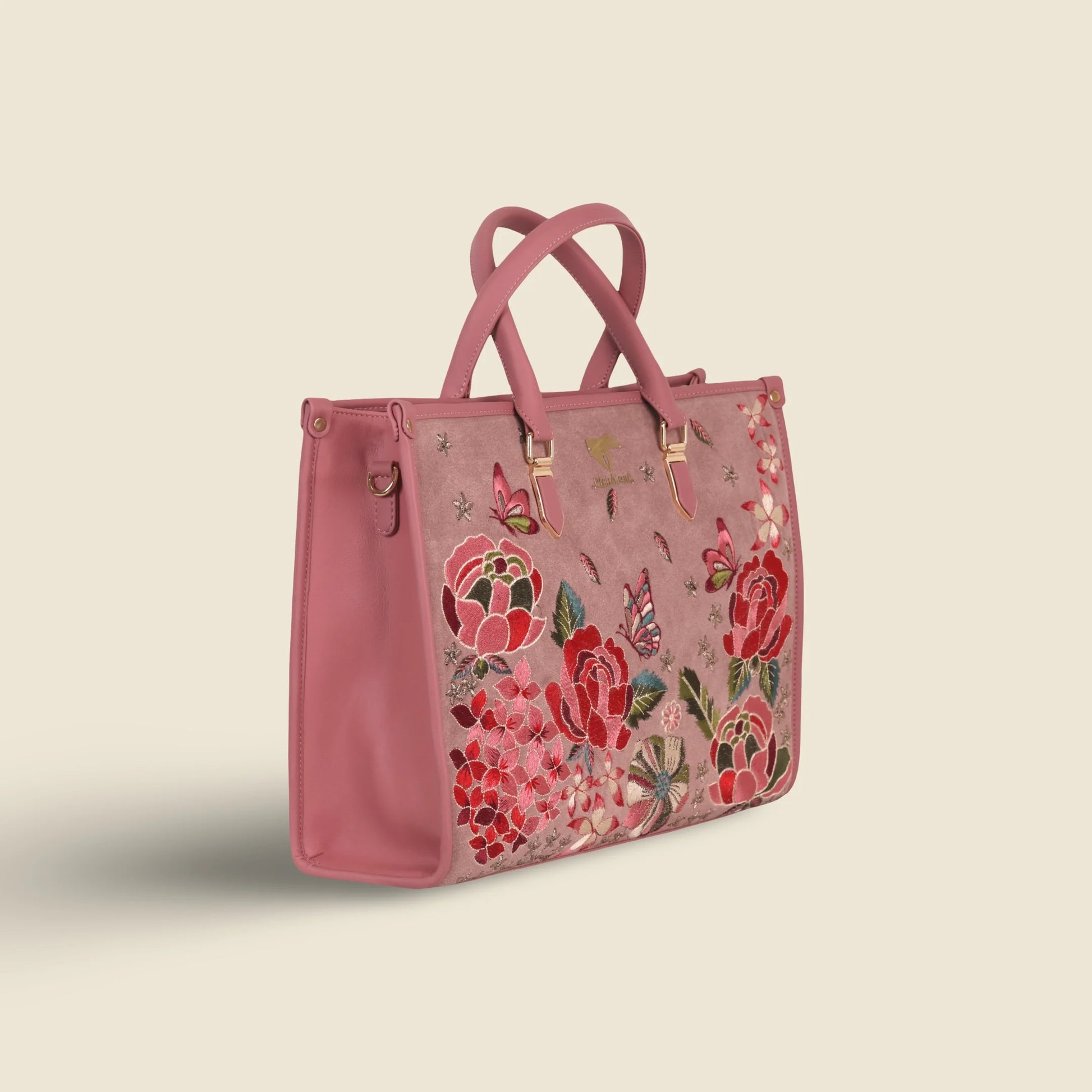 Pink wedding tote bag for women in cruelty free vegan leather by PickAleaf with embroidered design for wedding events and special occasions