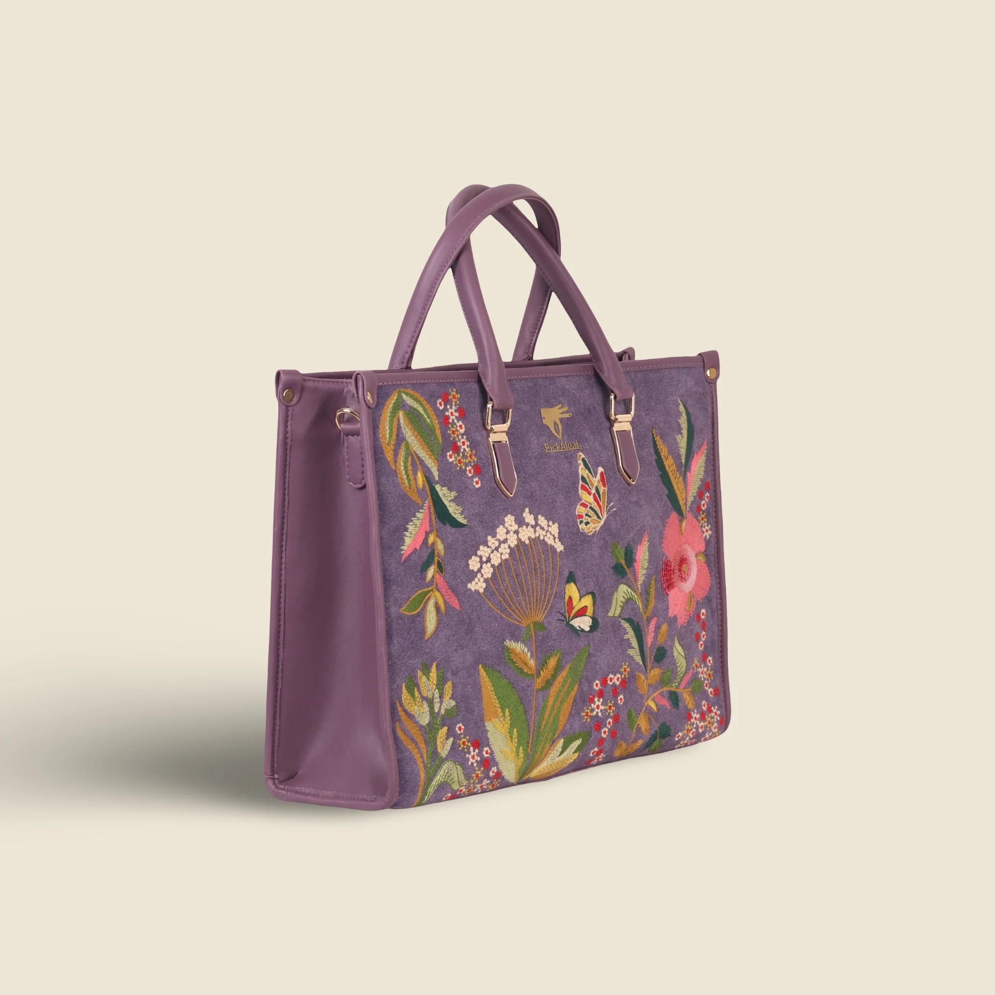 Purple embroidered tote bag for women in cruelty free vegan leather by PickAleaf with large space, organized compartments for daily use