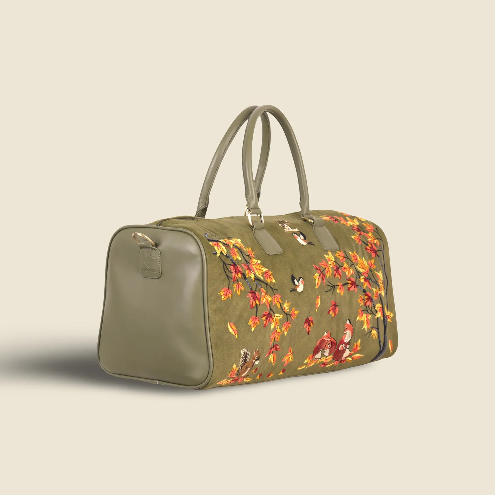 Olive green large travel duffel bag for women in cruelty free vegan leather by PickAleaf for weekend and cabin travel use
